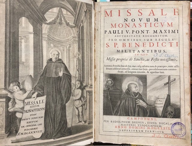 Missale Novum Monasticum Pauli V. Pont. Maximi Auctoritate Recognitum. Pro Omnibus Sub Regula S.P. Benedicti Militantibus, In Quo Missae Propriae de Santis, ac Festis Novissimis, Summis Pontificibus ab An. 1640, .& ad 1679. Tum de Praecepto, tum ad libitum celebrari concessae, omnes suis locis, pro celebrantium commoditate, ad longum extensae, & appositae sunt. Translated from Latin: The New Monastic Missal of Paul V. Pontus Recognized by the greatest authority. For All Under Rule S.P. Blessed Militants, In Which Masses Proper of the Saints, and of the Most Recent Feasts, of the Supreme Pontiffs by An. 1640, .& to 1679. Both of the Precept, and of those permitted to be celebrated at will, all in their places, for the convenience of the celebrants, were extended to a length, and were placed — photograph 2.