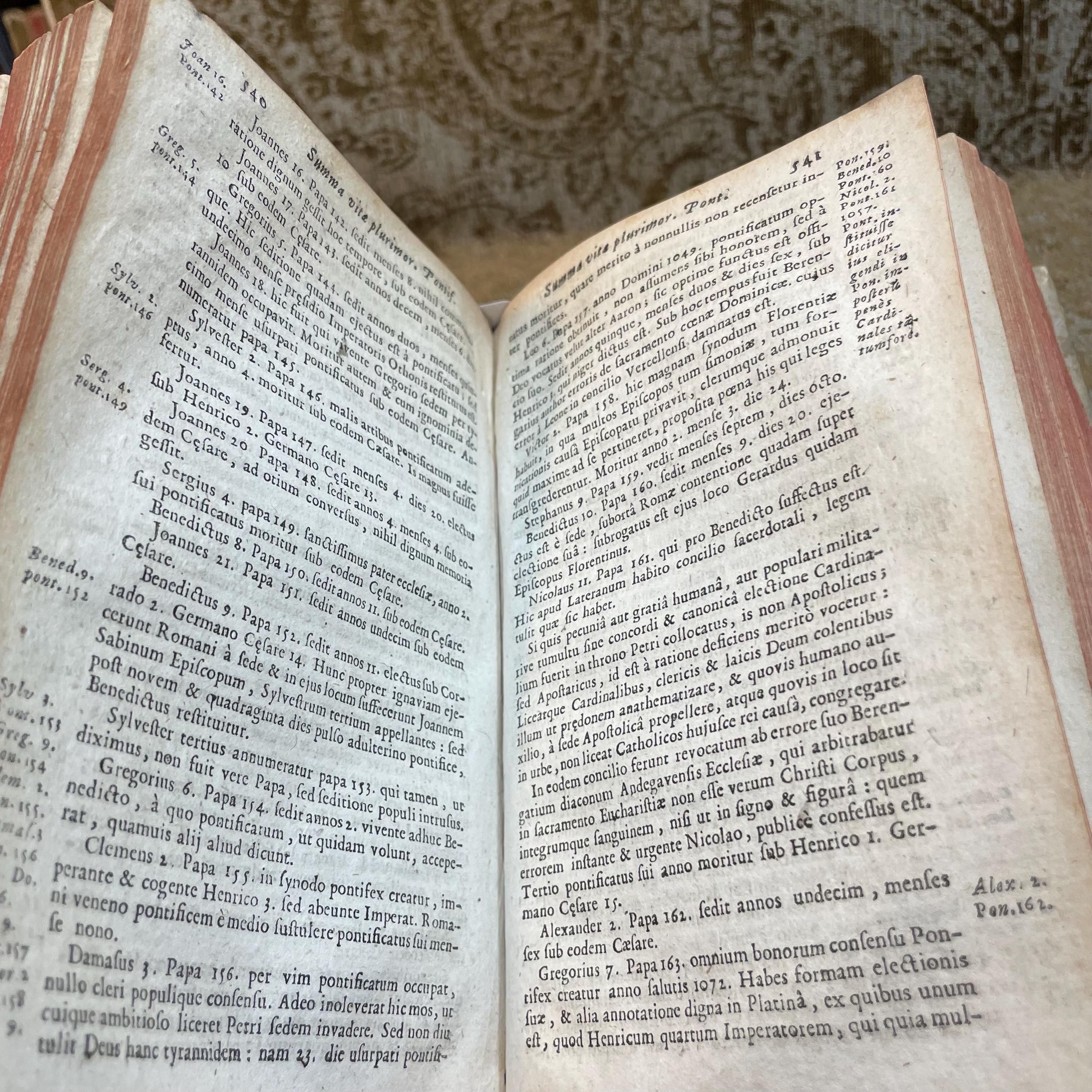 SUMMA OMNIUM CONCILIORUM ET PONTIFICUM, collecta per F. Barth. Carranzam Miranden. Ordinis Praedicatorum. Accesserunt Statuta quaedam Synodalia Parisiensis & Senonensis Ecclesiae. Appendix Conciliorum Galliæ collectionis P. Sirmondi, & Societate Nominis Jesu Presbyteri. Et Annotationes quam-plurimae Francisci Sylvii sacrae Theologiae Doctoris ejusdemque in Universitate Duacena Regii Professoris, pro commoda locorum difficiliorum intelligentia. Additae sunt etiam nonnullae Annotationes in hac nova Editione, quarum maximam partem habes in Prolegomenis. Translated: Summary Of All Councils And Pontiffs, compiled by F. Barth. Carranza of Miranda, of the Order of Preachers. Certain statutes have been added from the Synods of the Churches of Paris and Sens. An Appendix of French Councils from the collection of P. Sirmond, a Priest of the Society of Jesus. And numerous annotations by Francis Sylvius, Doctor of Sacred Theology and Royal Professor at the University of Douai, for the convenience of understanding difficult passages. Also included are several annotations in this new edition, most of which can be found in the Prolegomena. — photograph 10.
