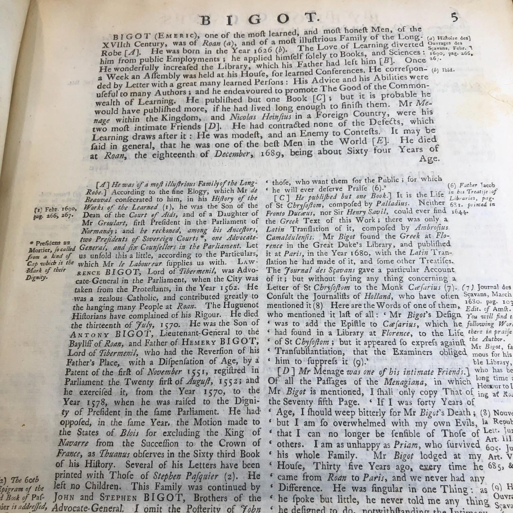 The Dictionary, Historical and Critical of Mr. Peter Bayle. The Second Edition, Carefully Collated, With the Several Editions of the Original; in Which Many Passages are Restored, and the Whole Greatly Augmented, Particularly with a Translation of the Quotations from eminent Writers in Various Languages. To which is Prefixed the Life of the Author, Revised, Corrected and Enlarged, by Mr. Des Maizeaux, Fellow of the Royal Society — photograph 7.