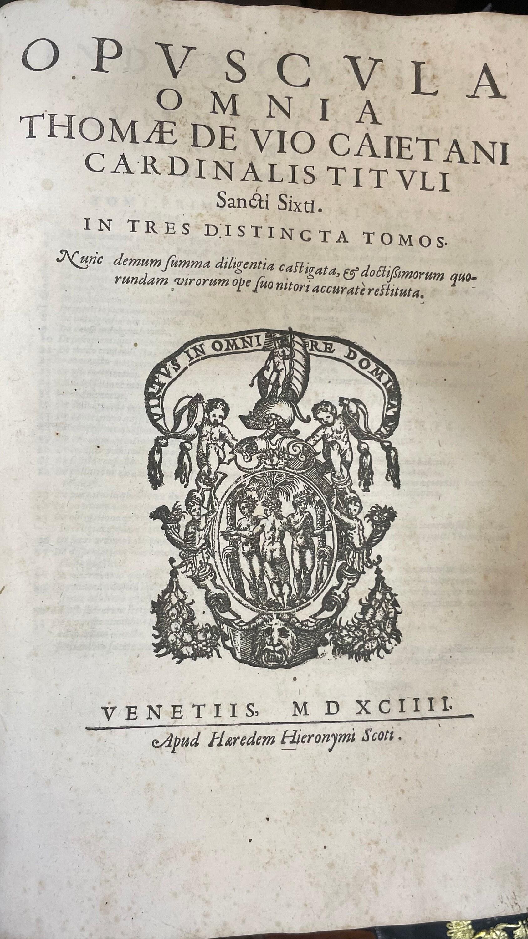 Jus Canonicum Universum, Clara Methodo Juxta Titulos Quinque Librorum Decretalium in Quaestiones distributum, Solidisque Responsionibus, & Objectionum Solutionibus dilucidatum. Tomus Primus. Editio Secunda. Multo correctior & auctior, praesertim quoad novissimum Tractatum de Regulis Juris. Translated from Latin: Complete Canon Law, Clearly Arranged According to the Titles of the Five Books of Decretals, Divided into Questions, and Clarified with Solid Responses and Solutions to Objections. Volume One. Second Edition. Much Corrected and Enlarged, Especially Regarding the Latest Treatise on the Rules of Law. 6 books in 3 volumes. — photograph 6.