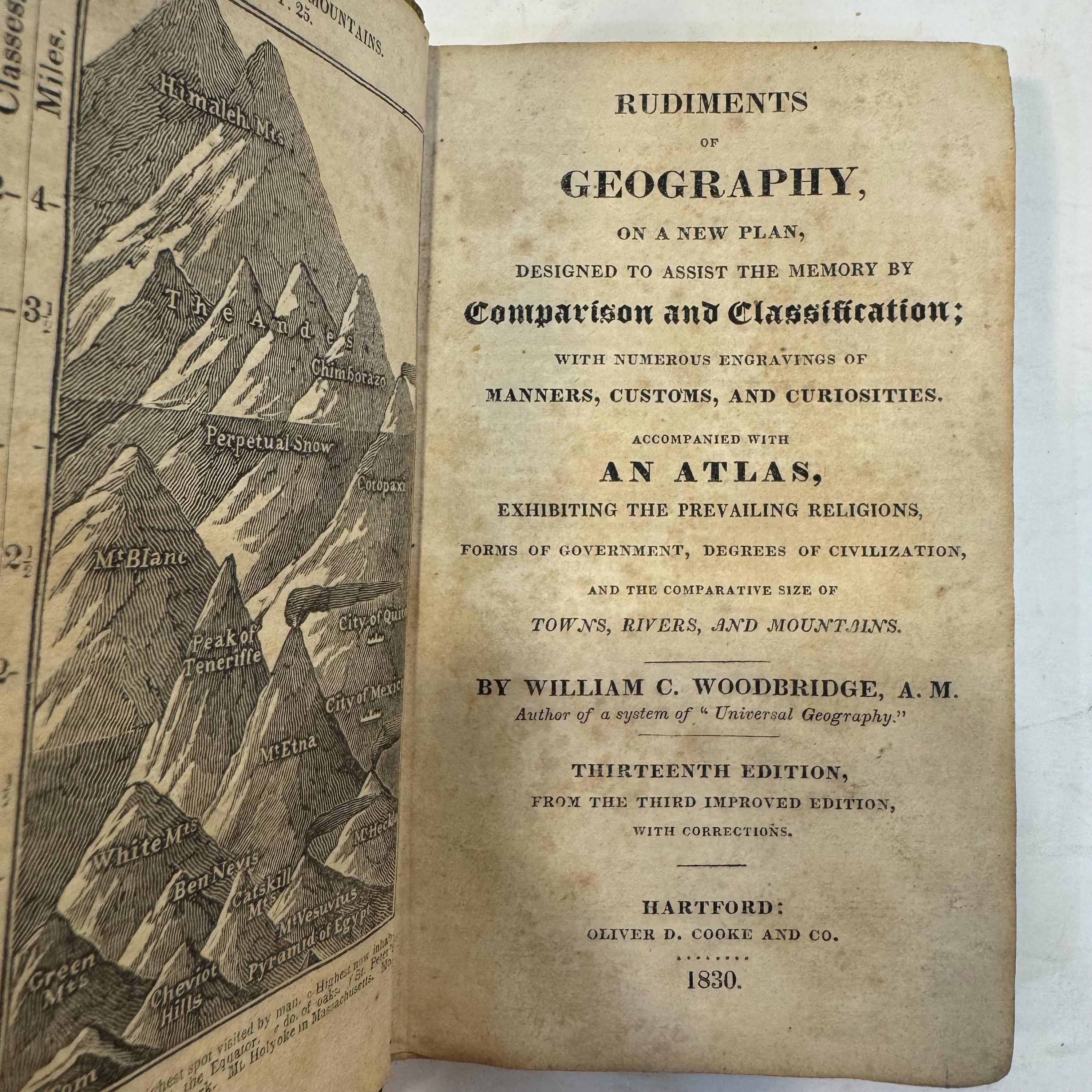 Woodbridge's Rudiments of Geography, on a new plan, designed to assist the memory by Comparison and Classification; with numerous engravings of Manners, Customs, and Curiosities. Accompanied with an Atlas, exhibiting the prevailing Theologys, forms of Government, degrees of Civilization, and the comparative size of Towns, Rivers, and Mountains. — photograph 2.