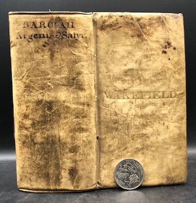 2 books bound as one. Argenis (Latin: Silver) and Euphormionis Lusinini, sive Ioannis Barclaii Satyricon, partes quinque cum clavi. Accessit Conspiratio Anglicana. (Latin: Euphormion Lusinini, or John Barclaius Satyricon, five parts with harpsichord. The English Conspiracy came.) — photograph 10.