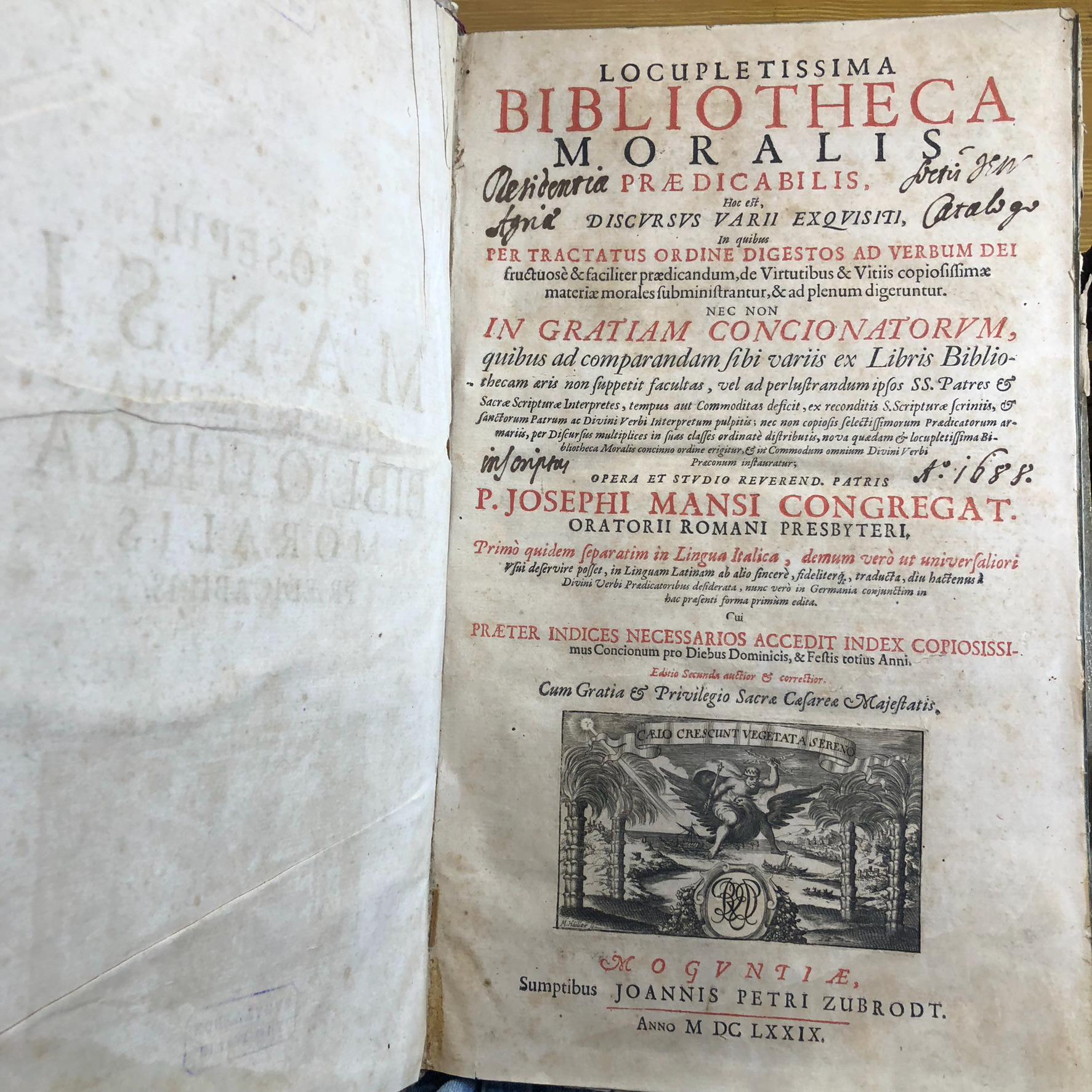 Locopletissima Bibliotheca Moralis Praedicabilis : Hoc Est Discursus Varii Exquisiti, In quibus per Tractatus ordine digestos, ad verbum Dei fructuosè & faciliter praedicandum, de Virtutibus & Vitiis copiosissimae materiae morales subministrantur, & ad plenum digeruntur
GOOGLE TRANSLATION: "Most Abundant Library of Moral Preaching: That is, Various and Exquisite Discourses, in which, through Treatises arranged in order, abundant material on virtues and vices is provided for fruitful and easy preaching on the word of God, and is fully organized."
PUBLICATION DATES: 1679-1683 — photograph 5.