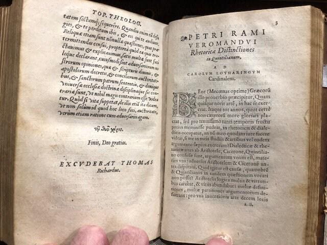 Petri Rami Veromandui rhetoricæ distinctiones in Quintilianum, ad Carolum Lotharingum cardinalem. Oratio ejusdem de studiis philosophiæ & eloquentiæ conjungendis. GOOGLE TRANSLATION: Veromandius' rhetorical distinctions against Quintilian, to Charles Cardinal Lorraine. A speech of the same on the conjoining studies of philosophy and eloquence. — photograph 3.