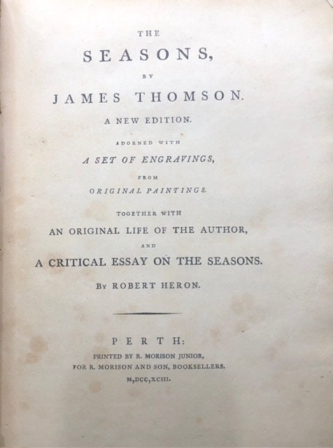 Seasons, by James Thomson. A New Edition. Adorned with a set of engravings, From Original Paintings. Together with an original life of the author, and a critical essay on The Seasons. By robert Heron — photograph 3.