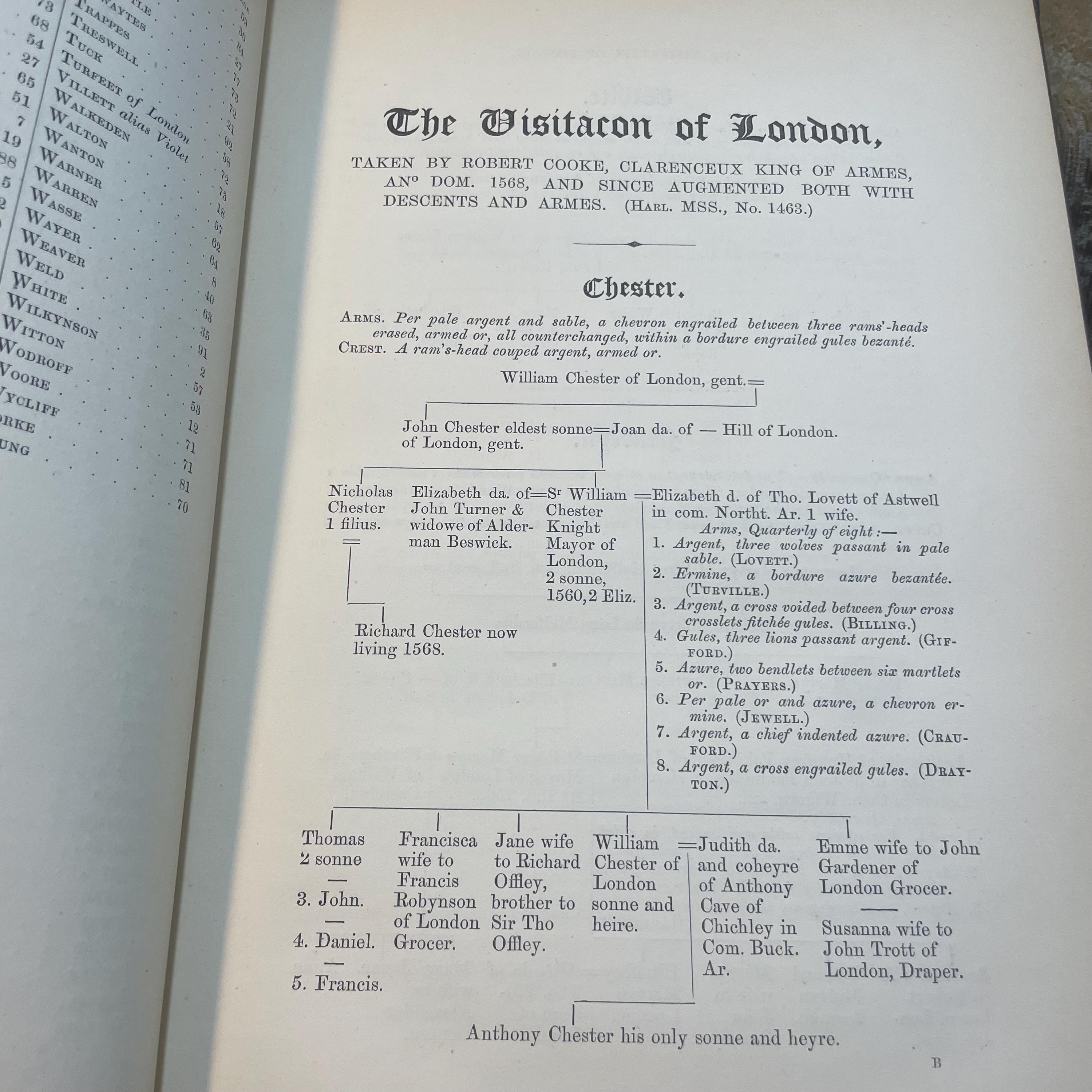 The Publications of The Harleian Society. Established A.D. 1869. Nine volumes comprising Vol.I.:The Visitation of London in the Year 1568. Taken by Robert Cooke…And Since Augmented Both With Descents and Arms. (London, 1869); Vol.II.: The Visitation of The Conty of Leicester In The Year 1619. Taken by William Camden.., Edited by John Fetherston. (London, 1870); Vol.III.:The Visitation of the County of Rutland In the Year 1618-19. Taken by William Camden... And Other Descents of Families Not in the Visitation. (London, 1870); Vol. IV.: The Visitations of The County of Nottingham In The Years 1569 and 1614, With Many other Descents of the Same County. Edited by George William Marshall, LL.M. (London, 1871); Vol. V.: The Visitations of The County of Oxford Taken in The Years 1566 by William Harvey, Clarencieux; 1574 by Richard Lee, Portcullis,.. and in 1634 by John Philpot, Somerset, and William Ryley, Bluemantle... Together with The Gatherings of Oxfordshire, Collected by Richard Lee in 1574. Edited and Annotated by William Henry Turner. (London, 1871); Vol. VI.: The Visitation of The County of Devon In The Year 1620. Edited by Frederic Thomas Colby (London, 1872); Vol.VII.: The Visitation of The County of Cumberland In The Year 1615. Taken by Richard St, George... Edited by John Fetherstone, F.S.A.(London, 1872); Vol. VIII.: Le Neve's Pedigrees of The Knights made By King Charles II., King James II., King William III. and Queen Mary, King William Alone, and Queen Anne. Edited by George w. Marshall, LL.D...(LOndon, 1873); Vol. IX.: The Visitation of the County of Cornwall, In The Year 1620. Edited by Lieut.-Colonel J.L. Vivian and Henry H. Drake, M.A., Ph.D....(London, 1874). Nine volumes total. — photograph 9.