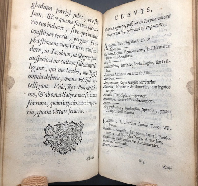 2 books bound as one. Argenis (Latin: Silver) and Euphormionis Lusinini, sive Ioannis Barclaii Satyricon, partes quinque cum clavi. Accessit Conspiratio Anglicana. (Latin: Euphormion Lusinini, or John Barclaius Satyricon, five parts with harpsichord. The English Conspiracy came.) — photograph 7.