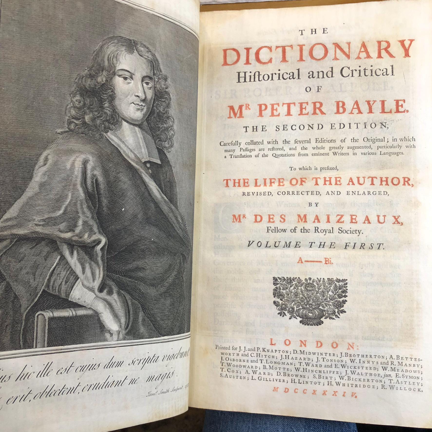 The Dictionary, Historical and Critical of Mr. Peter Bayle. The Second Edition, Carefully Collated, With the Several Editions of the Original; in Which Many Passages are Restored, and the Whole Greatly Augmented, Particularly with a Translation of the Quotations from eminent Writers in Various Languages. To which is Prefixed the Life of the Author, Revised, Corrected and Enlarged, by Mr. Des Maizeaux, Fellow of the Royal Society — photograph 2.