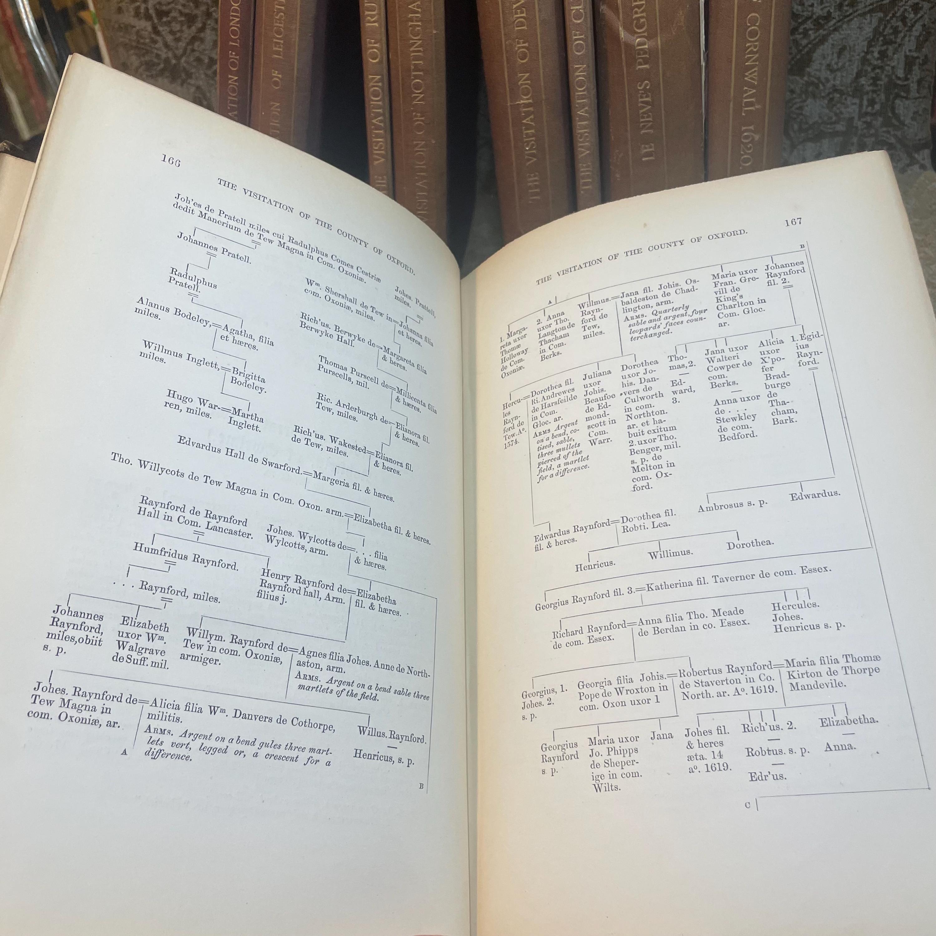The Publications of The Harleian Society. Established A.D. 1869. Nine volumes comprising Vol.I.:The Visitation of London in the Year 1568. Taken by Robert Cooke…And Since Augmented Both With Descents and Arms. (London, 1869); Vol.II.: The Visitation of The Conty of Leicester In The Year 1619. Taken by William Camden.., Edited by John Fetherston. (London, 1870); Vol.III.:The Visitation of the County of Rutland In the Year 1618-19. Taken by William Camden... And Other Descents of Families Not in the Visitation. (London, 1870); Vol. IV.: The Visitations of The County of Nottingham In The Years 1569 and 1614, With Many other Descents of the Same County. Edited by George William Marshall, LL.M. (London, 1871); Vol. V.: The Visitations of The County of Oxford Taken in The Years 1566 by William Harvey, Clarencieux; 1574 by Richard Lee, Portcullis,.. and in 1634 by John Philpot, Somerset, and William Ryley, Bluemantle... Together with The Gatherings of Oxfordshire, Collected by Richard Lee in 1574. Edited and Annotated by William Henry Turner. (London, 1871); Vol. VI.: The Visitation of The County of Devon In The Year 1620. Edited by Frederic Thomas Colby (London, 1872); Vol.VII.: The Visitation of The County of Cumberland In The Year 1615. Taken by Richard St, George... Edited by John Fetherstone, F.S.A.(London, 1872); Vol. VIII.: Le Neve's Pedigrees of The Knights made By King Charles II., King James II., King William III. and Queen Mary, King William Alone, and Queen Anne. Edited by George w. Marshall, LL.D...(LOndon, 1873); Vol. IX.: The Visitation of the County of Cornwall, In The Year 1620. Edited by Lieut.-Colonel J.L. Vivian and Henry H. Drake, M.A., Ph.D....(London, 1874). Nine volumes total. — photograph 6.