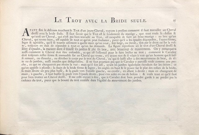 Description du Manége Moderne. Dans sa Perfection, Expliqué par des leçons necessaires, et representé par des figures exactes, depuis l'assiette de l'homme à cheval, jusqu'à l'arrest accompagné aussi de divers mords pour bien brider les chevaux, ecrit et dessiné par le baron D'Eisenberg, et gravé par B. Picart. TRANSLATION: "Description of Modern Horsemanship. In its Perfection, Explained through necessary lessons, and depicted by accurate figures, from the rider's position on horseback to the halt, also accompanied by various bits for properly bridling horses, written and illustrated by Baron D'Eisenberg, and engraved by B. Picart." — photograph 9.