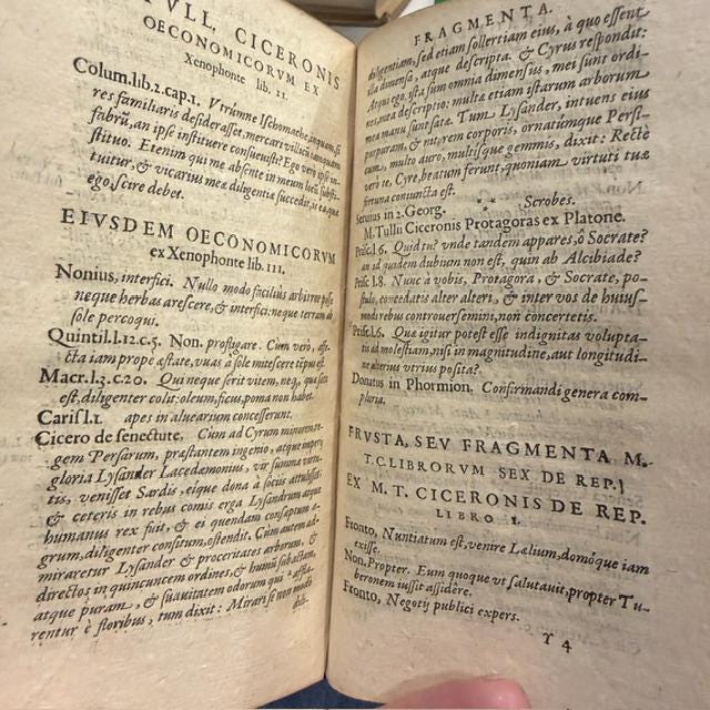 M. Tullii Ciceronis Philosophicorum Pars Secunda, Continens De Natura Deorum Libros III, De Divinatione Libros II, De Fato Librum I, De Legibus Libros III, and Fragmenta Librorum Philosophicorum; with M. Tullii Ciceronis De Officiis Libri III, Cato Maior, Seu De Senectute, Laelius, Seu De Amicitia, Paradoxa Stoicorum Sex, Fragmenta Poematum Including the Aratea, and De Petitione Consulatus. Ex Dionysii Lambini Emendatione. Translated: Cicero, Marcus Tullius. Philosophical Works, Parts Two and Three, Containing On the Nature of the Gods, On Divination, On Fate, On the Laws, On Duties, On Old Age, On Friendship, the Stoic Paradoxes, Poetical Fragments Including the Aratea, and On Canvassing for the Consulship. Edited and Annotated by Denis Lambin. Two Parts Bound in One Volume. — photograph 8.