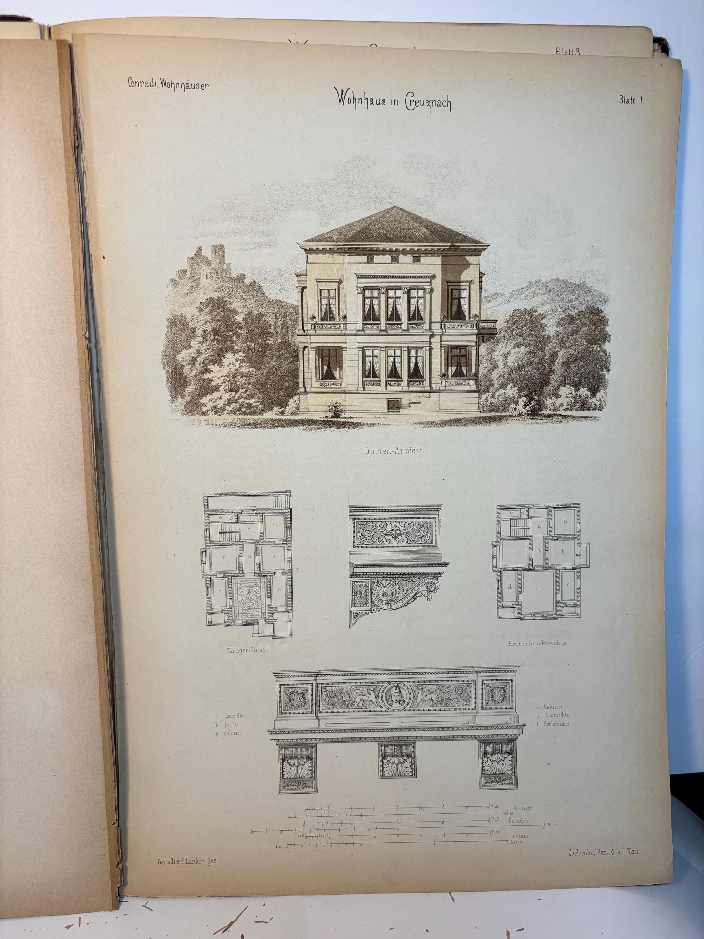 Auswahl von Entwürfen ausgeführter Wohnhäuser & Villen, Façaden, Grundrisse, Schnitte etc. mit Details, zum Theil in natürlicher Grösse herausgegeben von C. Conradi, königl. Baurath in Creuznach. In 6 Lieferungen à 6 Blatt, je ein Gebäude mit den dazu gehörigen Details enthaltend. Translated: Selection of Designs of completed Residences & Villas, facades, floor plans, sections, etc. with details, partly in actual size edited by C. Conradi, Royal Building Inspector in Kreuznach. In 6 installments of 6 plates each, each containing a building with its associated details. — photograph 6.