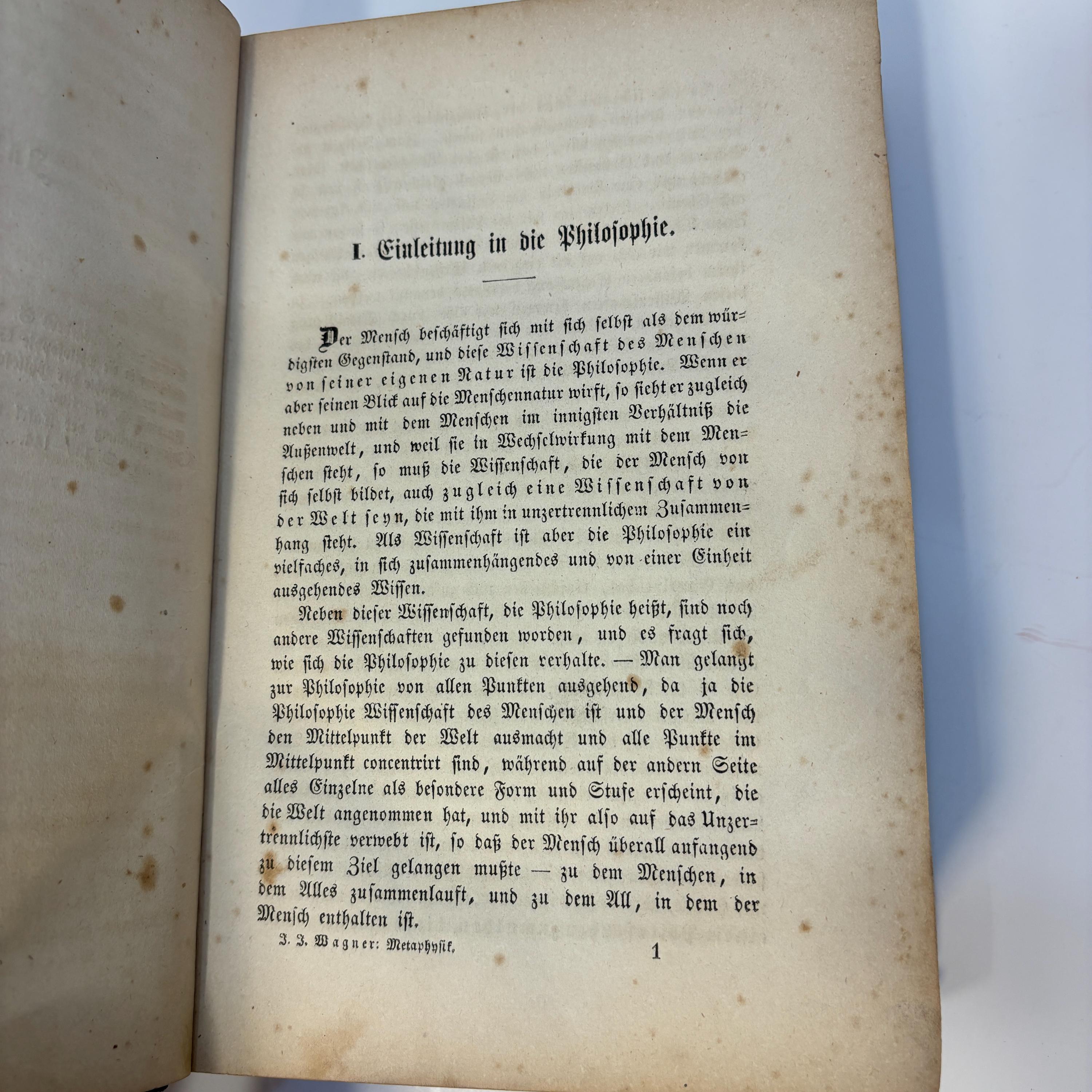 Metaphysik oder Das Weltgesetz. (Volume 1.) -- Nachgelassene Schriften (Johann Jakob Wagner) über Philosophie by Phillipp Ludwig Adam (in 7 volumes). TRANSLATION: Metaphysics or the World Law. (Volume 1.) -- Posthumous Writings (of Johann Jakob Wagner) on Philosophy by Philipp Ludwig Adam. (In 7 volumes). — photograph 7.