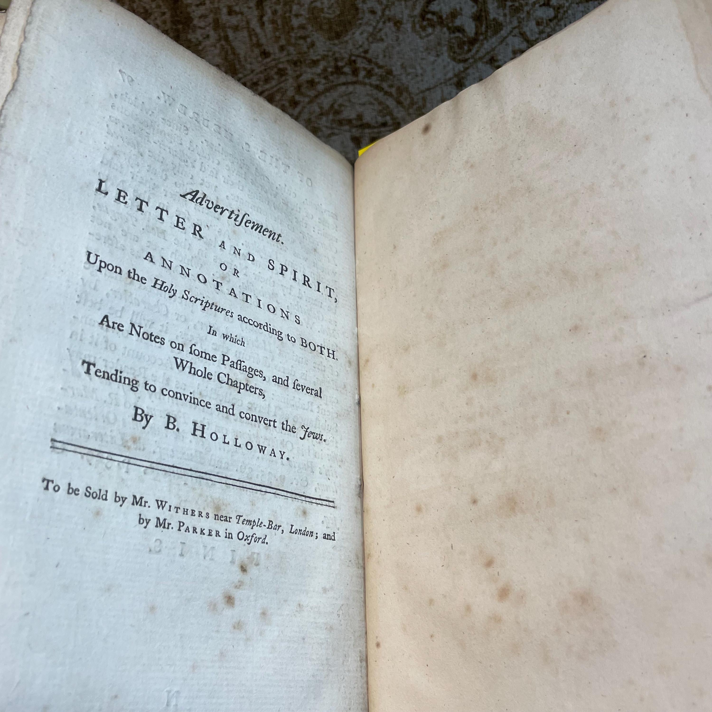 The Primaevity and Preeminence of The Sacred Hebrew, Above all Other Languages, Vindicated From The Repeated Attempts of The Reverend Dr. Hunt to Level It with The Arabic, and Other Oriental Dialects; In a Letter to a Friend. With a Word in the Preface to Dr. Shuckford ---AND--- An Essay On The Hebrew Tongue, Being an Attempt to shew That the Hebrew Bible might be originally read by Vowel-Letters without the Vowel-Points. By John Brekell (London, 1758) ---AND--- An Essay On The Hebrew Tongue, Being an Attempt to shew That the Hebrew Bible might be originally read by Vowel-Letters without the Vowel-Points. The Second Part. By John Brekell (London, 1762) 3 volumes bound as one. — photograph 4.