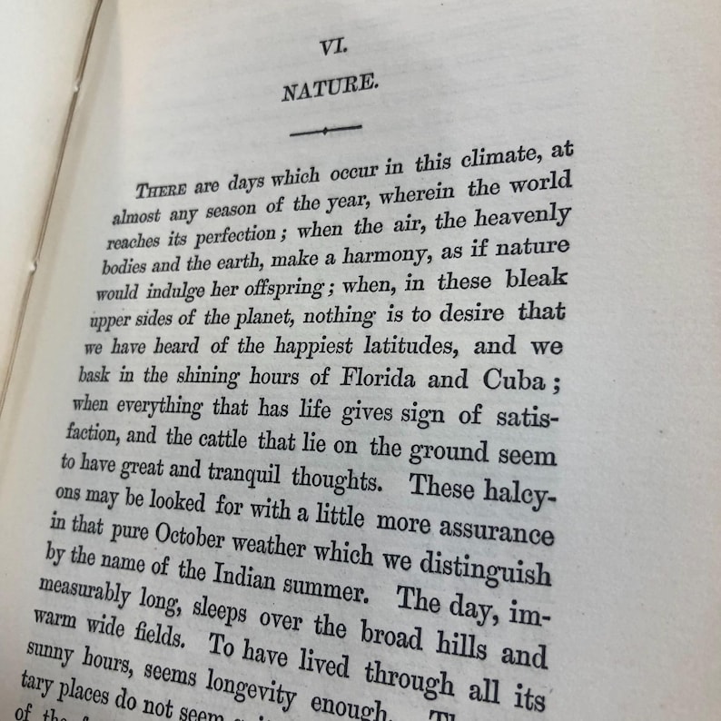 May include: An open book page with the heading "VI. NATURE." and text describing nature's perfection, the harmony of the earth and sky, and the beauty of the Indian summer. The text is in black font.