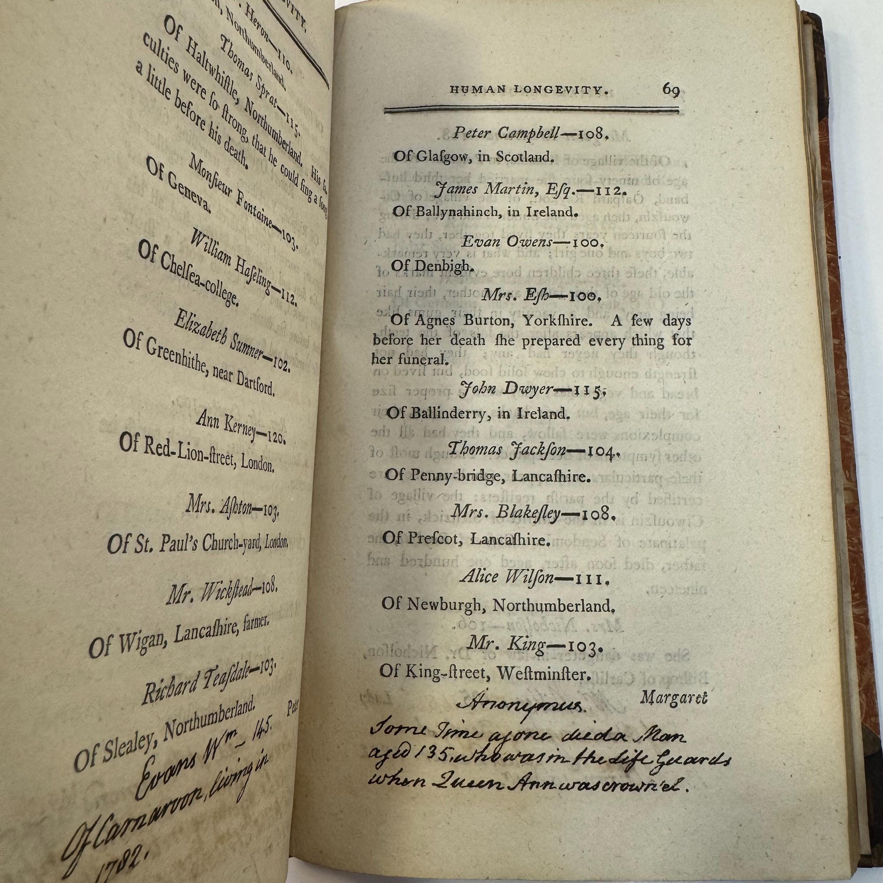 Human Longevity: Recording The Name, Age, Place of Residence, and Year, of The Decease of 1712 Persons, Who Attained a Century, & Upwards, From A.D. 66 to 1799, Comprising a Peeriod of 1733 years. With Anecdotes of The Most Remarkable. — photograph 9.