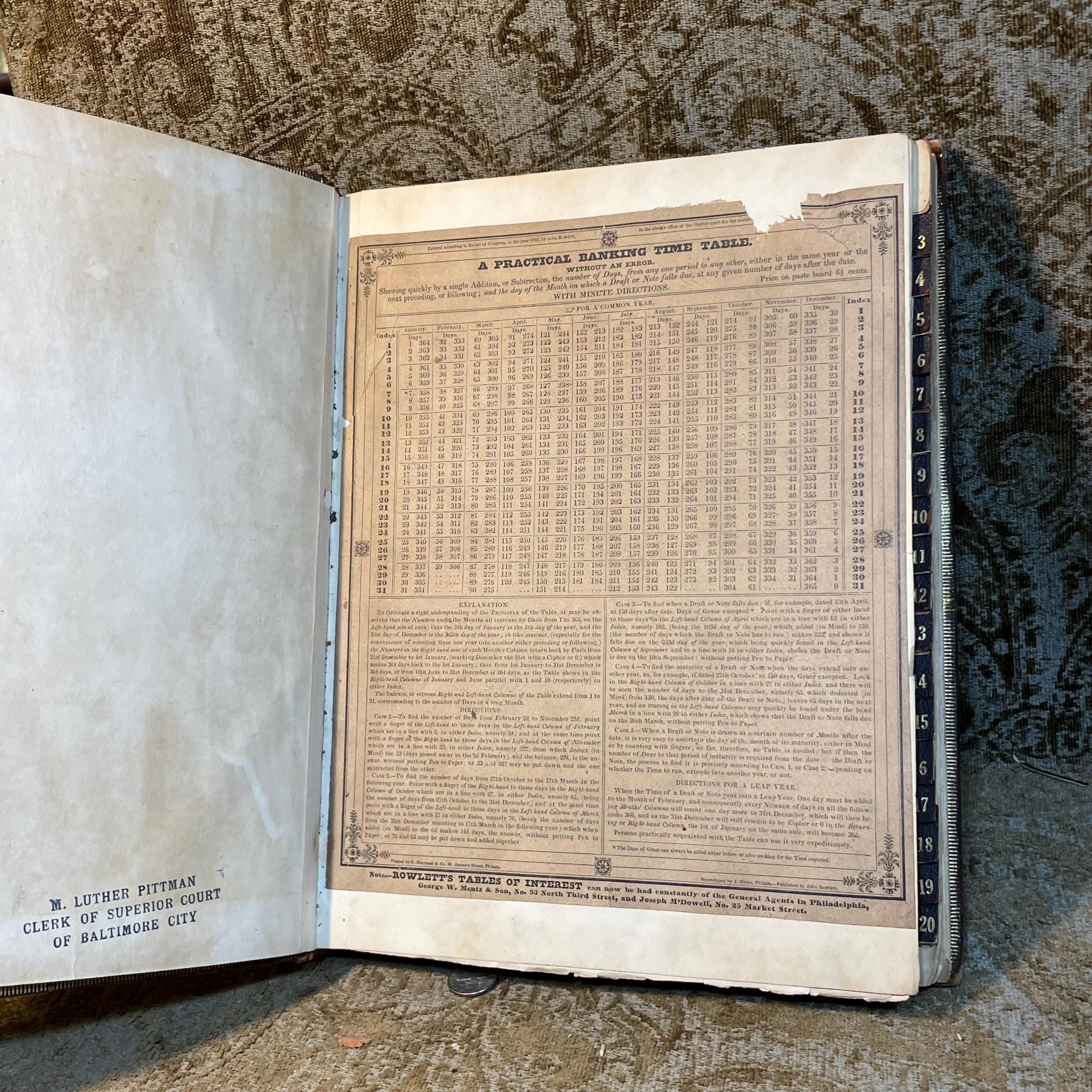 Stereotype Edition of Rowlett's Tables of Discount, or Interest; Showing at Sight, The Interest on Each and Every Dollar, From Unit, or One, to Two Thousand: on Every Ten Dollars, from Two Thousand to Three Thousand; on Every Fifty, from Three Thousand to Five Thousand; On Rvery Five Hunder, from Five Thousand to Ten Thousand; for Each and Every Day. from One, to Sixty-four Days Inclusive; Also, For Every Month, from One to Twelve, and for Eighteen Months, and Two Years; besides A Complete Cent Table: The Whole Computed at Six Per Cent. According to the Equitable Principles of The Banks; and as Practised between Individuals, Throughout the United Staes, in Conformity to Statute Law; Together with Directions at The End of The Introduction, for Finding, almost at Sight, (by aid of the tables,) The Exact Bank Interest for any Number of Days, from Sixty-four to one Hundred and Twenty-Four Days, &c. Likewise Examples contained in the introduction, showing in what manner (by means of the tables) to Ascertain the Interest at Five, Seven, and At Eight Per Cent. And a Note under The First Page of The Figure Work, Explaining the Usual Mode of Computing Interest on Cents, and Fractions, Etc., Etc. — photograph 5.