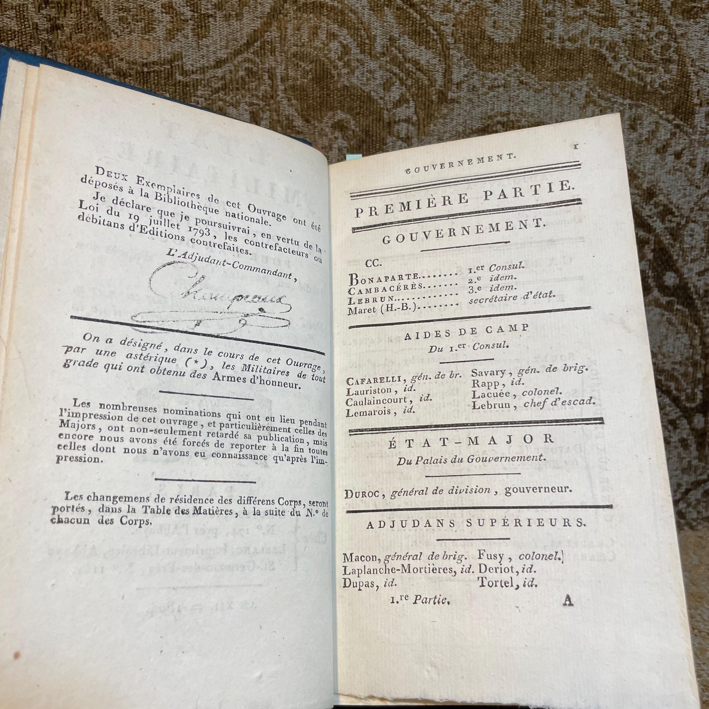 État Militaire de la République Française, pour l'an douze, dédié au Premier Consul, d’après son autorisation; par L’adjudant-Commandant Champeaux, employé à l’état-major général de la sixième division. Translated: Military state of the french republic, for year twelve, dedicated to the first consul, with his authorization; by Adjutant-Commandant Champeaux, employed at the general staff of the sixth division. — photograph 7.
