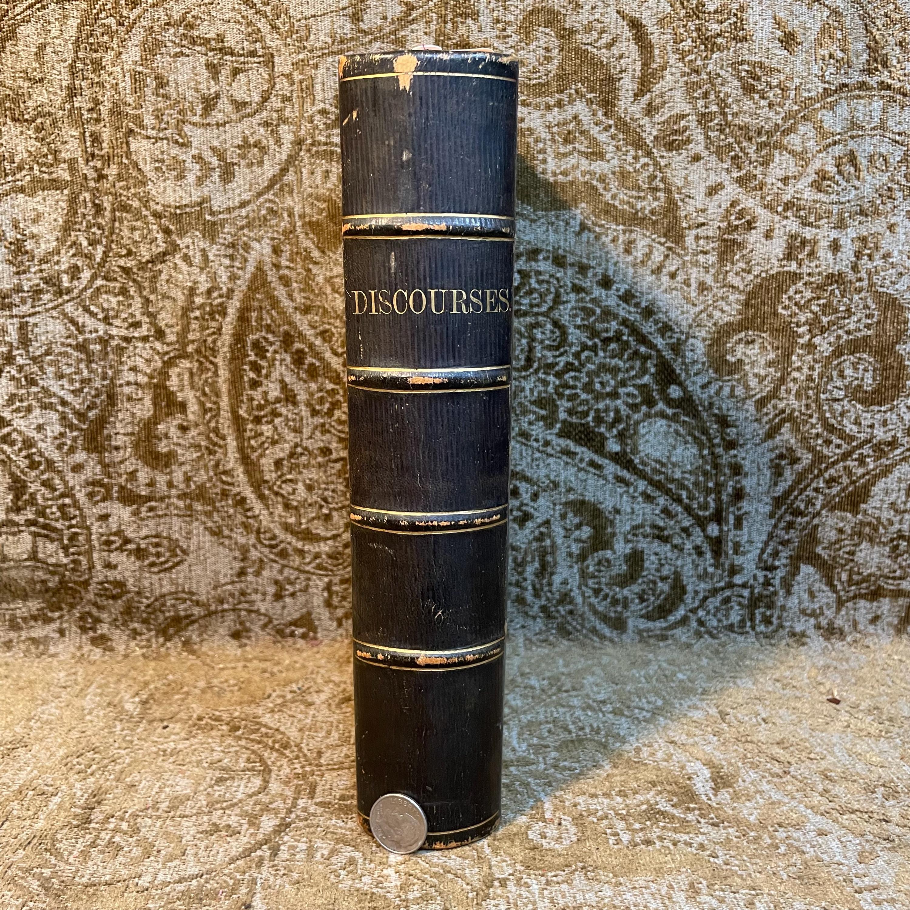A Sammelband of 17 speeches, sermons, and discourses on American subjects, comprising; Barbarism the First Danger A Discourse for Home Missions (1847), Common Schools. A Discourse on the Modifications Demanded by the Roman Catholics Delivered in the North Church, Hartford, on The Day of The Late Fast, March 25, 1853 (1853), The Moral Uses of Great Pestilences:A Discourse, Delivered in the North Church, Hartford, on the occasion of The National Fast, August 3, 1849 By Horace Bushnell (1849), The Overturning of Tyrannical and Wicked Governments. A Sermon: Preached in the Fifth Presbyterian Church, City of Pittsburgh, Pa.Sabbath Evening, 25th January, 1852 by Rev. Nathanial West (1852), The Supremacy of God's Word Asserted, In Reference to Certain Articles Writen by "Alethes," In Defence of The Fugitive Slave Bill, by Rev. Nathanial West (1851), The Ark of God-The Safe-guard of The Nation. A Discourse, Delivered before the Protestant Association of The County of Allegheny, in The Fifth Presbyterian Church, City of Pittsburgh, on Tuesday the 10th of September, AD 1850, By the Rev. Nathanial West (1850), No Slavery in Nebraska. The Voice of God against Natioal Crime. By Joseph P. Thompson (1854), The Word of Life;A Living Ministry; A Living Church:A Sermon Preached in Meadville, PA. Before the Graduating Class of the Meadville Theological School, June 30, 1853 (1853), The Boston Kidnapping: A Discourse to Commemorate the Rendition of Thomas Simms, Delivered on the First Anniversary Thereof, April 12 1852, Before The Committee of Vigilance, at the Melodeon in Boston, By Theodore Parker. (1852), Christ the Foundation: A Synodical and Dedicatory Discourse, Delivered at Gardnersville, Schoharie Co. N.Y. June 7th, 1849 by H.L. Dox (1849), A Discourse on the Professional Character and Virtues of The Late Wiliam Wirt. By S.L. Southard. (1834), A Sermon on Withdrawing from the Congregational Ministry, Preached in Kent, Conn., May 20, 1849 With Statement of Reasons, read Before The North Consociation of Litchfield County. By The Rev. William W. Andrews. Second Edition, with an Introductory Preface. (1851), An Address delivered before the Allegheny and Philo-Franklin Literary Societies of Allegheney College, Meadville, PA. On The Evening preceding the annual Commencement. June 2d, 1849, by the Rev. Moses Crow, Published by request. (1849), The Twenty-Fifth Report of The American Society for Meliorating the Condition of The Jews. With an appendix. To which id prefixed The Annual Sermon Preached before the Society, on May 7, 1848 in the church of the Puritans on Union Square, New York, by The Rev. Nathan Lord. (1848), A Discourse. Reasons for Law, with Some special Reference to the Traffic in Intoxicating Liquors. By Abram Marsh, Second Edition. (1846), The Immateriality and Natural Immortality of The Soul. An Address, delivered before the Literary Societies of Western Reserve College, August 27, 1839 By J.C. Lord. (c1839), American Slavery, Essentially Sinful: A Sermon; By The Rev. S.W. Streeter, Pastor of The Congregational Church of Austinburg, O. (1845). — photograph 2.