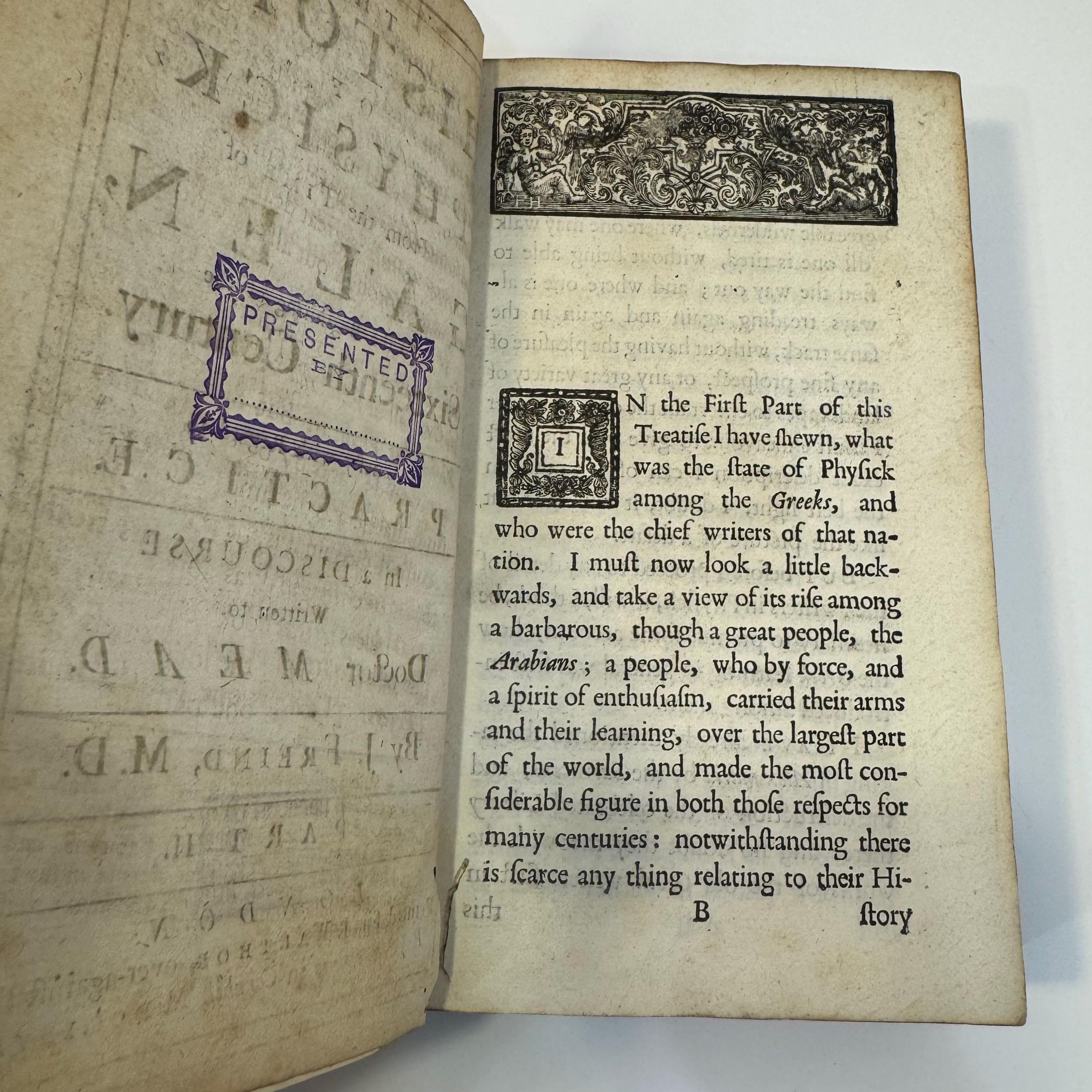 The History of Physick; From the Time of Galen, to The Beginning of The Sixteenth Century by Dr. J. Freind, 1725-6 | Two Vols, 1st Edition — photograph 9.