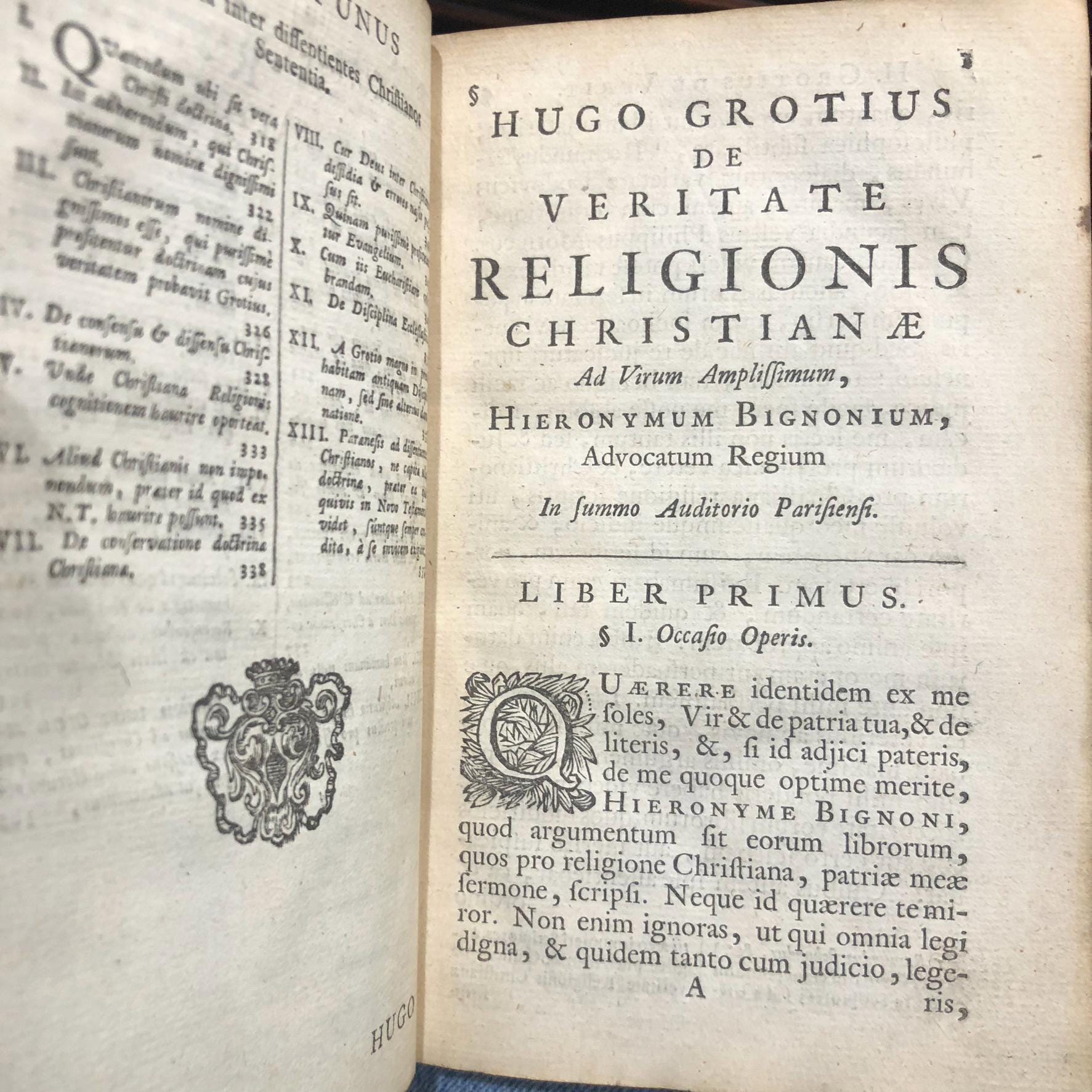 Hugo Grotius De Veritate Religionis Christianæ. Editio accuratior, Quam secundum recensuit, notulisque illustravit Joannes Clericus; cujus accessit De eligenda inter Christianos dissidentes Sententia, Liber Unicus. Translated: Hugo Grotius On The Truth Of The Christian Religion. A more accurate edition, Which has been revised a second time, and illustrated with notes by Johannes Clericus; to which has been added On choosing among Christians who disagree, An opinion, A single book. — photograph 9.