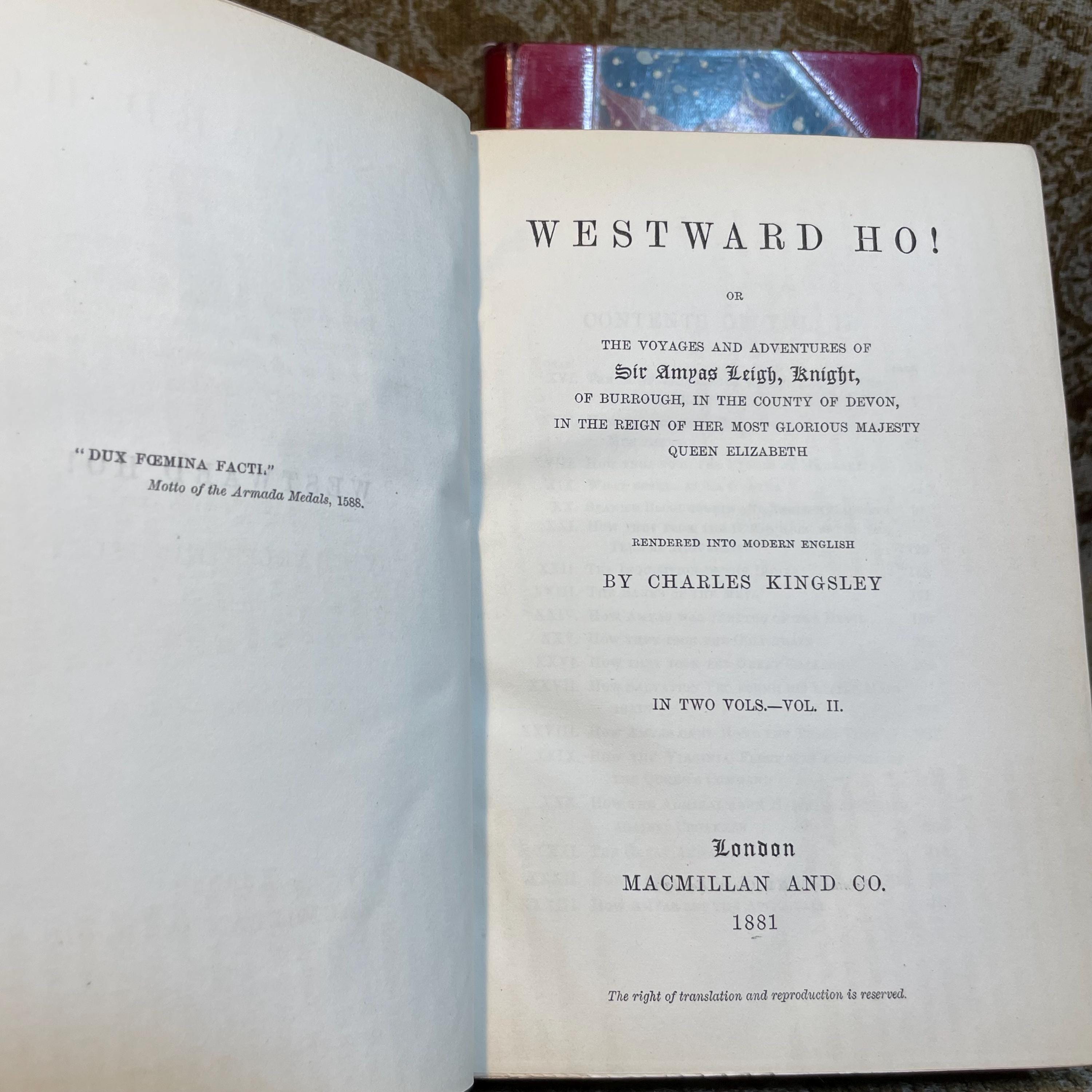 Westward Ho!, or, The Voyages and Adventures of Sir Amyas Leigh, Knight, Of Borrough, In The County of Devon, In The Reign of Her Most Glorius Majesty Queen Elizabeth. Rendered Into Modern English. In Two Volumes. Eversley Edition. — photograph 6.