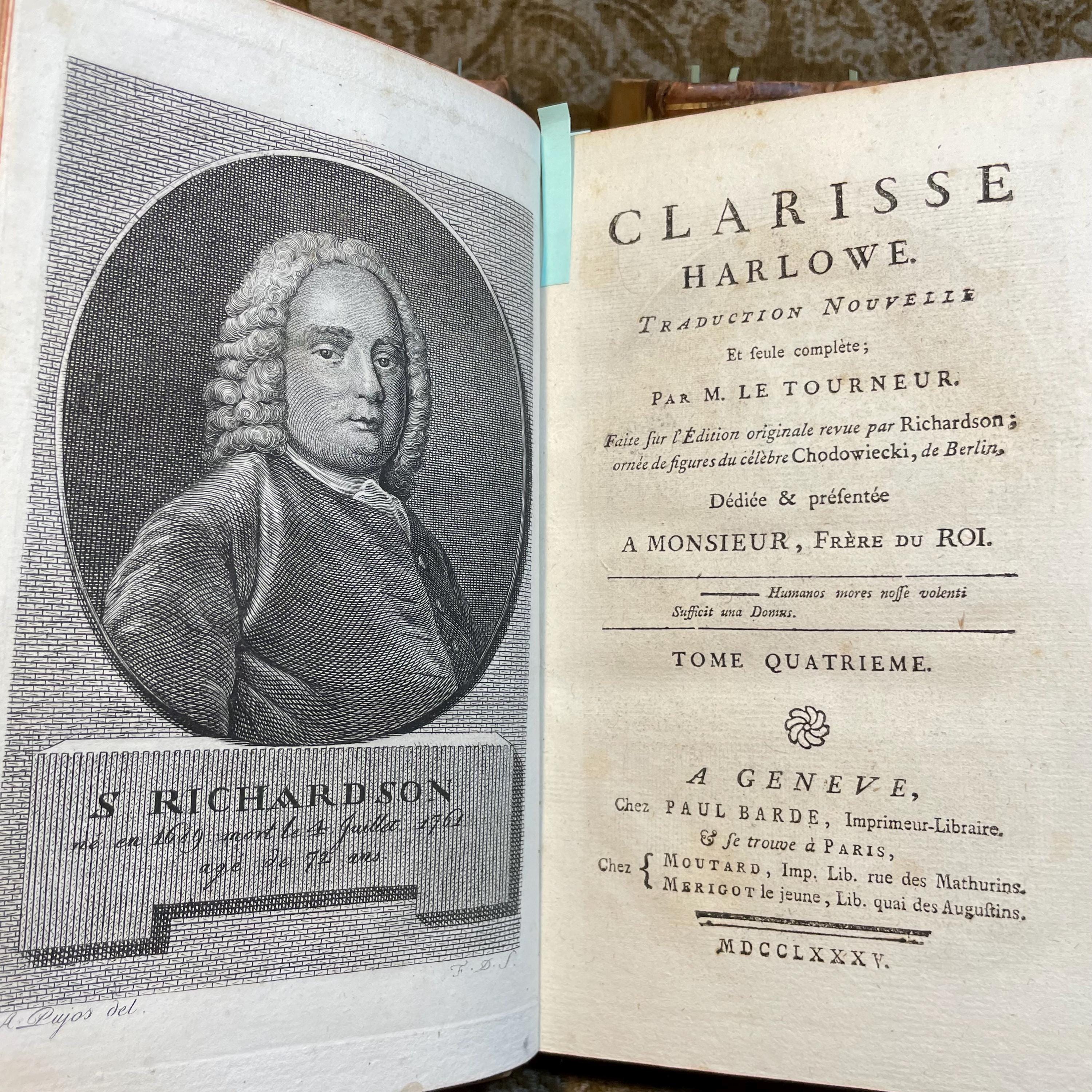 Clarisse Harlowe. Traduction nouvelle Et seule complète ; Par M. Le Tourneur. Faite sur l’édition originale revue par Richardson ; Ornée de figures du célèbre Chodowiecki, de Berlin. Dédiée & présentée A monsieur, frère du roi. Translated: Clarissa Harlowe. New translation And the only complete one; By M. Le Tourneur. Made from the original edition revised by Richardson; Adorned with illustrations by the famous Chodowiecki of Berlin. Dedicated & presented To the King’s brother. — photograph 10.