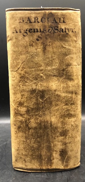 2 books bound as one. Argenis (Latin: Silver) and Euphormionis Lusinini, sive Ioannis Barclaii Satyricon, partes quinque cum clavi. Accessit Conspiratio Anglicana. (Latin: Euphormion Lusinini, or John Barclaius Satyricon, five parts with harpsichord. The English Conspiracy came.) — photograph 9.