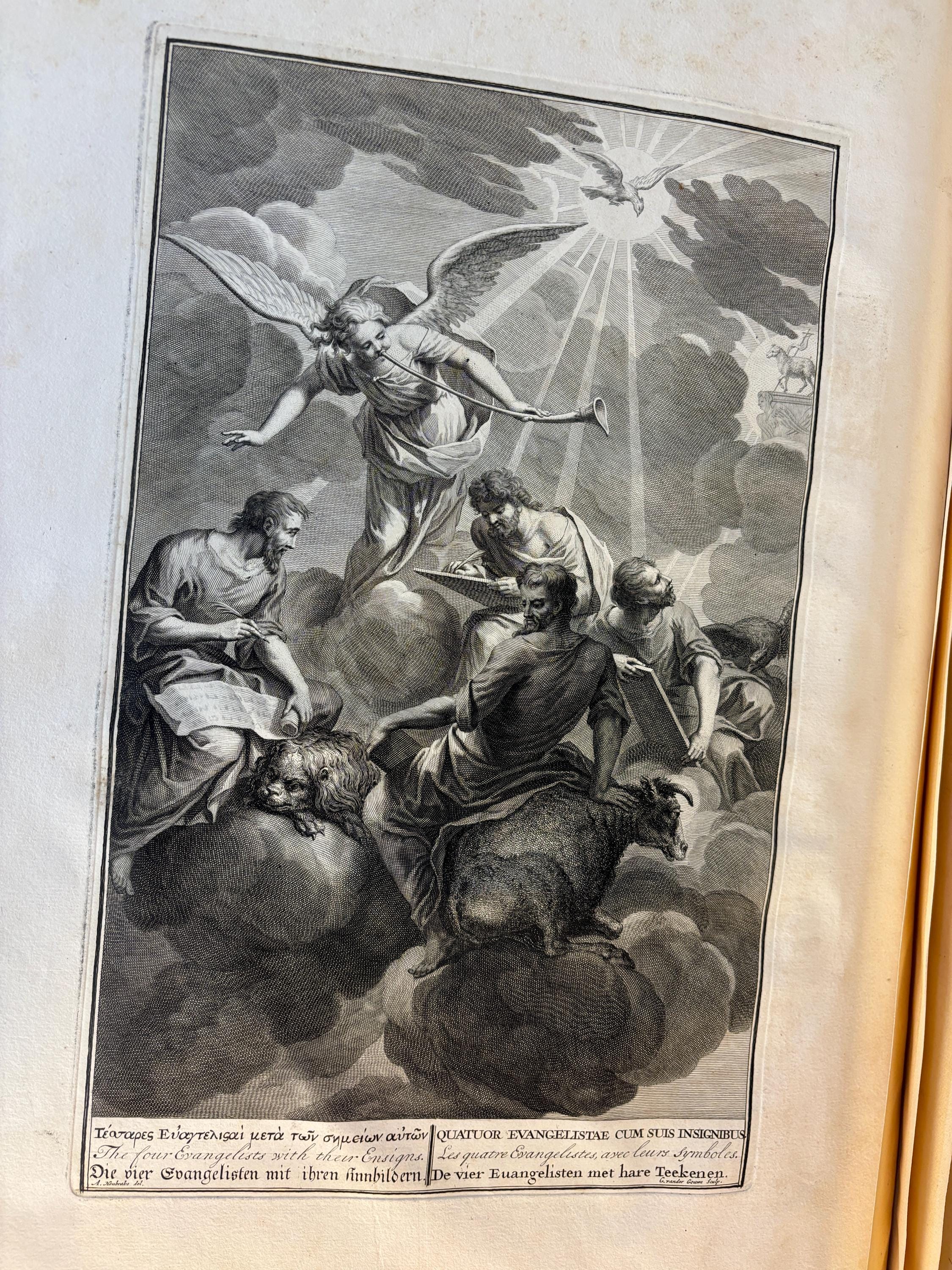 Taferelen Der Voornaamste Geschiedenissen Van Het Oude En Nieuwe Testament,En Andere Boeken, Bij De Heilige Schrift Gevoegt, Door De Vermaarde Kunstenaars Hoet, Houbraken, en Picart Getekent, En Van De Beste Meesters In Koper Gesneden, En Met Beschrijvingen Uitgebreid. Het Eerste Deel. Translated: Scenes Of The Principal Histories Of The Old And New Testament, And Other Books Added To Holy Scripture, Drawn By The Renowned Artists Hoet, Houbraken, and Picart, And Engraved On Copper By The Best Masters, And Expanded With Descriptions. Dutch Picture Bible, 3 vols. — photograph 5.