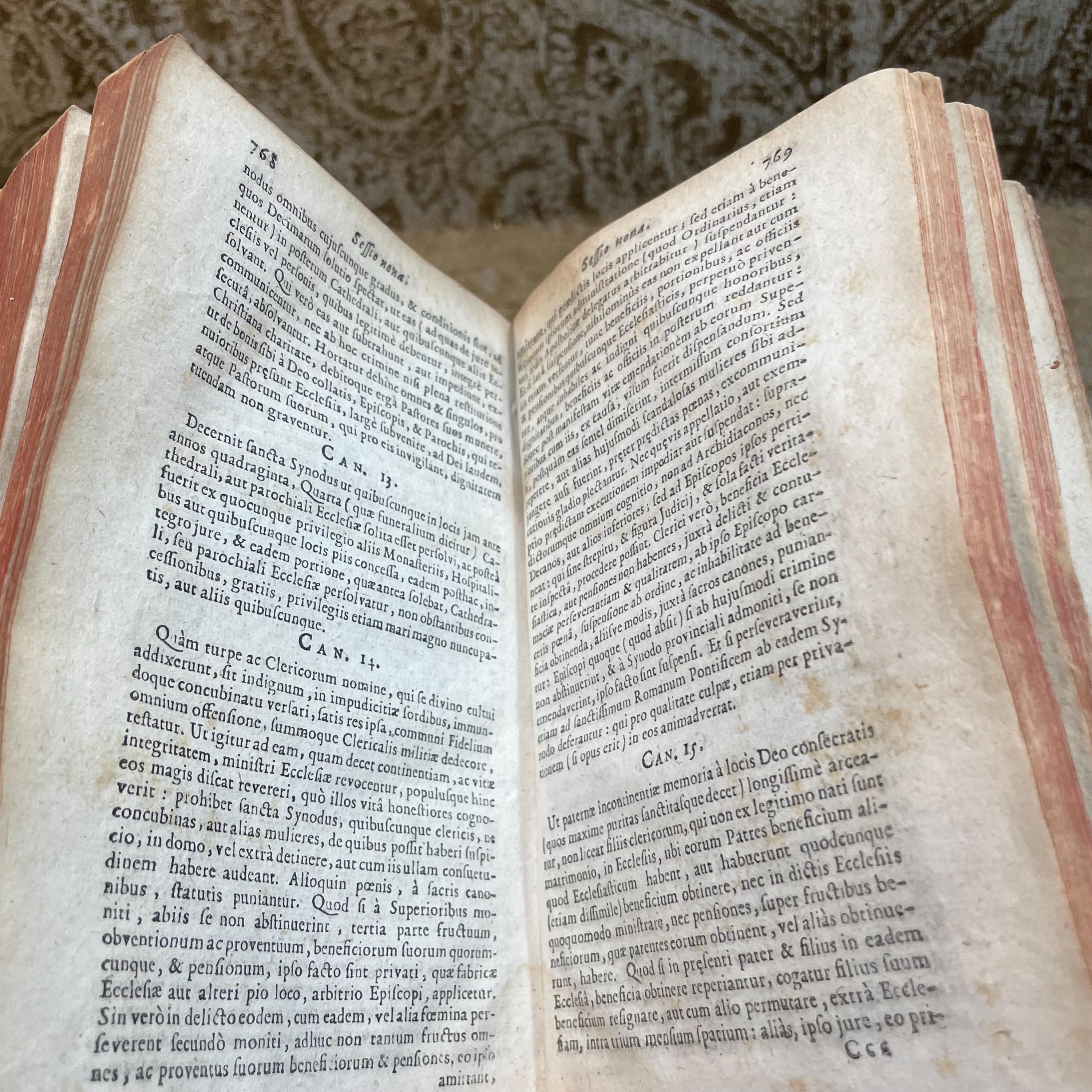 SUMMA OMNIUM CONCILIORUM ET PONTIFICUM, collecta per F. Barth. Carranzam Miranden. Ordinis Praedicatorum. Accesserunt Statuta quaedam Synodalia Parisiensis & Senonensis Ecclesiae. Appendix Conciliorum Galliæ collectionis P. Sirmondi, & Societate Nominis Jesu Presbyteri. Et Annotationes quam-plurimae Francisci Sylvii sacrae Theologiae Doctoris ejusdemque in Universitate Duacena Regii Professoris, pro commoda locorum difficiliorum intelligentia. Additae sunt etiam nonnullae Annotationes in hac nova Editione, quarum maximam partem habes in Prolegomenis. Translated: Summary Of All Councils And Pontiffs, compiled by F. Barth. Carranza of Miranda, of the Order of Preachers. Certain statutes have been added from the Synods of the Churches of Paris and Sens. An Appendix of French Councils from the collection of P. Sirmond, a Priest of the Society of Jesus. And numerous annotations by Francis Sylvius, Doctor of Sacred Theology and Royal Professor at the University of Douai, for the convenience of understanding difficult passages. Also included are several annotations in this new edition, most of which can be found in the Prolegomena. — photograph 7.