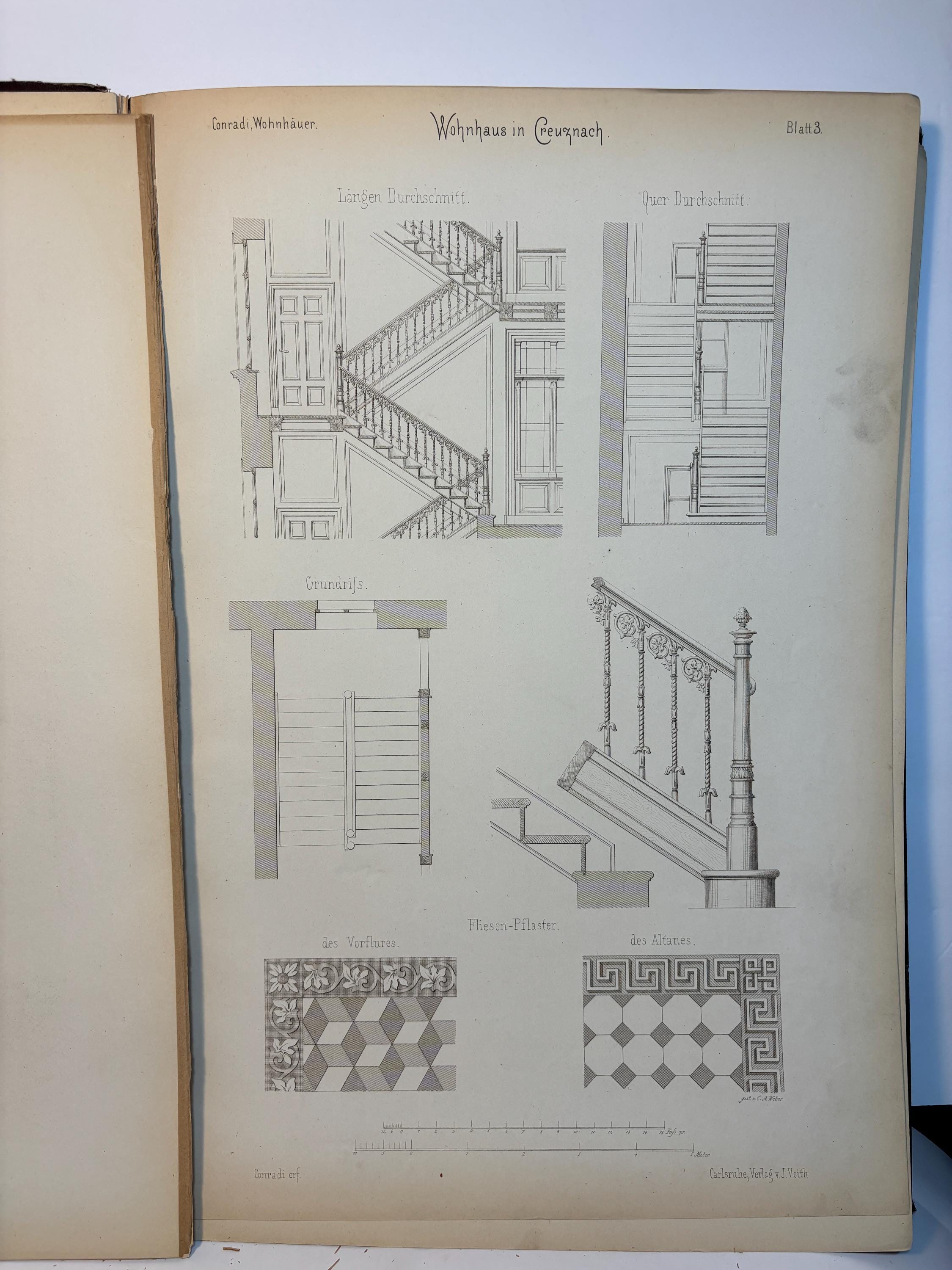 Auswahl von Entwürfen ausgeführter Wohnhäuser & Villen, Façaden, Grundrisse, Schnitte etc. mit Details, zum Theil in natürlicher Grösse herausgegeben von C. Conradi, königl. Baurath in Creuznach. In 6 Lieferungen à 6 Blatt, je ein Gebäude mit den dazu gehörigen Details enthaltend. Translated: Selection of Designs of completed Residences & Villas, facades, floor plans, sections, etc. with details, partly in actual size edited by C. Conradi, Royal Building Inspector in Kreuznach. In 6 installments of 6 plates each, each containing a building with its associated details. — photograph 7.