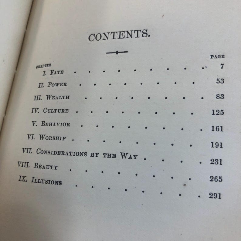 May include: An open book page with the heading "CONTENTS." The table of contents lists chapters such as "FATE," "POWER," and "WEALTH," with corresponding page numbers. The text is in black font on a cream-colored paper.