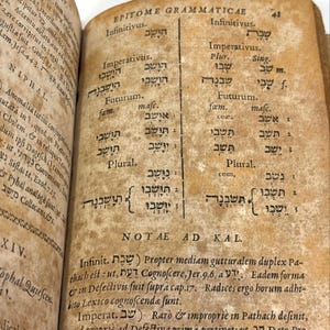 May include: An open antique book with aged, yellowed pages featuring black printed text in Latin and Hebrew. The page titled EPITOME GRAMMATICAE displays grammatical tables for Hebrew verb conjugations, including Infinitivus and Imperativus forms.