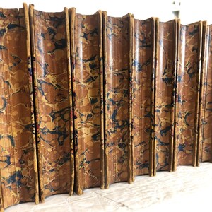 May include: A row of antique books with marbled covers. The covers are a mix of brown, blue, and gold, with a textured, swirling pattern. The spines are rounded and show signs of age.