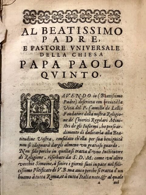 Vita del P. Camillo de Lellis fondatore della Theologye de Chierici Regolari ministri degli infermi descritta dal P. Santio Cicatelli sacerdote dell'istessa Theologyevita Delp camillo de Lellis Fondatore Della Theologye de Chierici Regolari Ministri Degli InfermireTRANSLATION: Life of the founder. Camillo de Lellis founder of the Cherica Theology Regular ministers of the infirmities desccompartmented by the founder. Santio Cicatelli priest of the faithful, Delp camillo de Lellis Founder of the Theology of Chierici Regular Nurses — photograph 7.