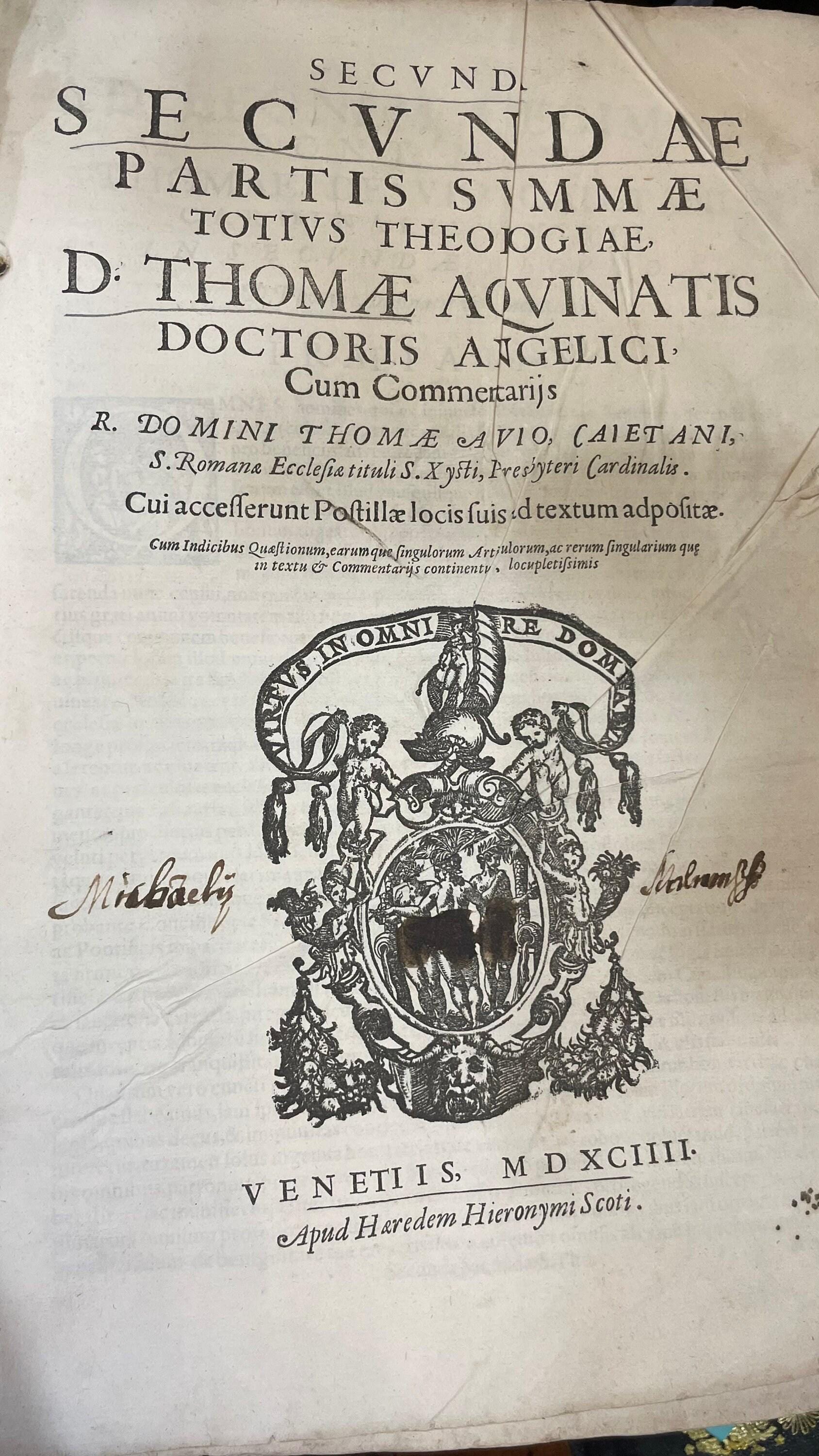 Jus Canonicum Universum, Clara Methodo Juxta Titulos Quinque Librorum Decretalium in Quaestiones distributum, Solidisque Responsionibus, & Objectionum Solutionibus dilucidatum. Tomus Primus. Editio Secunda. Multo correctior & auctior, praesertim quoad novissimum Tractatum de Regulis Juris. Translated from Latin: Complete Canon Law, Clearly Arranged According to the Titles of the Five Books of Decretals, Divided into Questions, and Clarified with Solid Responses and Solutions to Objections. Volume One. Second Edition. Much Corrected and Enlarged, Especially Regarding the Latest Treatise on the Rules of Law. 6 books in 3 volumes. — photograph 8.