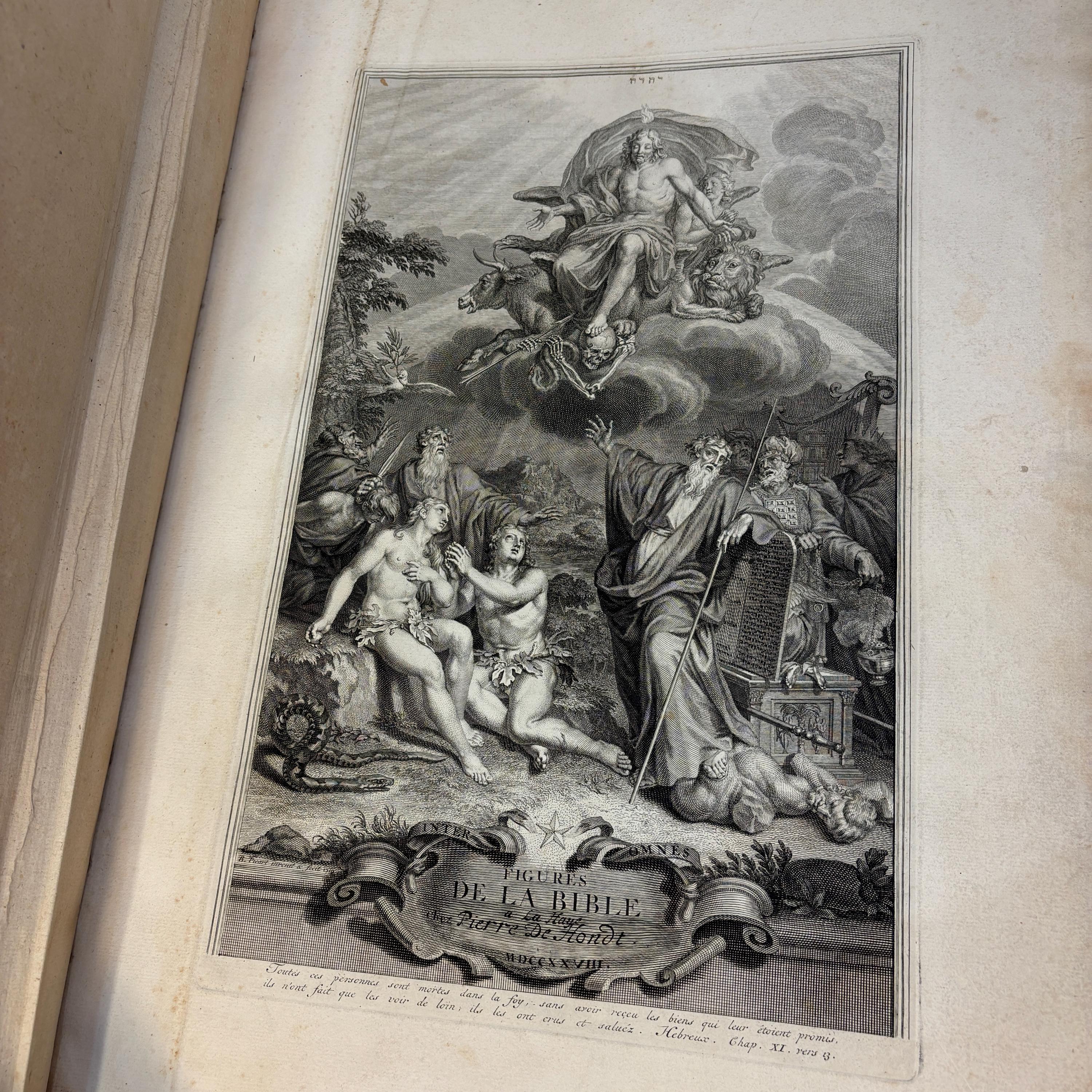 Taferelen Der Voornaamste Geschiedenissen Van Het Oude En Nieuwe Testament,En Andere Boeken, Bij De Heilige Schrift Gevoegt, Door De Vermaarde Kunstenaars Hoet, Houbraken, en Picart Getekent, En Van De Beste Meesters In Koper Gesneden, En Met Beschrijvingen Uitgebreid. Het Eerste Deel. Translated: Scenes Of The Principal Histories Of The Old And New Testament, And Other Books Added To Holy Scripture, Drawn By The Renowned Artists Hoet, Houbraken, and Picart, And Engraved On Copper By The Best Masters, And Expanded With Descriptions. Dutch Picture Bible, 3 vols. — photograph 3.