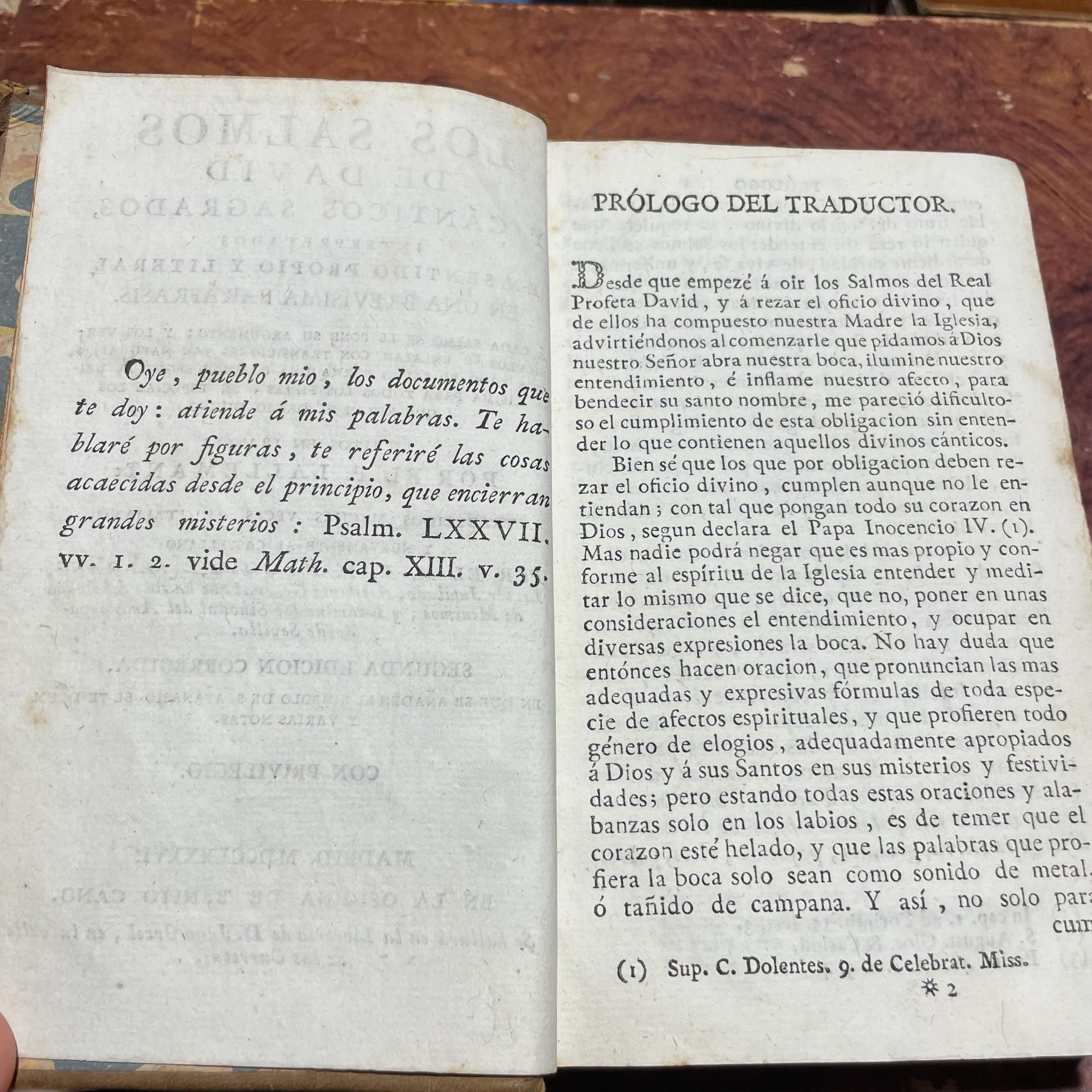 Los Salmos De David Y Canticos Sagrados, Interpretados En Sentido Propio y Literal En Una Brevisima Parafrasis. A cada Salmo se Le Pone Su Argumento: Y Los Versiculos Se Enlazan Con Transiciones Tan Naturales, Que Todo El Salmo Forma Una Oracion Seguida, Utilisima Para Todos Los Fieles, En Especial Los Que Rezan El Oficio Divino. Escritos En Frances Por El P. Lallemant: Traducidos Muchas Veces Al Italiano, Y Nuevamente Al Castellano... Segunda Edicion Corregida, En Que Se Anaden El Simbolo De S. Anatasio, El Te Deum Y Varias Notas. Translated from Spanish: The Psalms of David and Sacred Songs, Interpreted in Their Proper and Literal Sense in a Very Brief Paraphrase. Each Psalm is Provided with Its Argument: And the Verses are Linked with Such Natural Transitions, That the Entire Psalm Forms a Continuous Prayer, Extremely Useful for All the Faithful, Especially Those Who Pray the Divine Office. Written in French by P. Lallemant: Translated Many Times into Italian, and Newly into Spanish... Second Corrected Edition, in Which Are Added the Creed of St. Athanasius, the Te Deum, and Various Notes. — photograph 7.