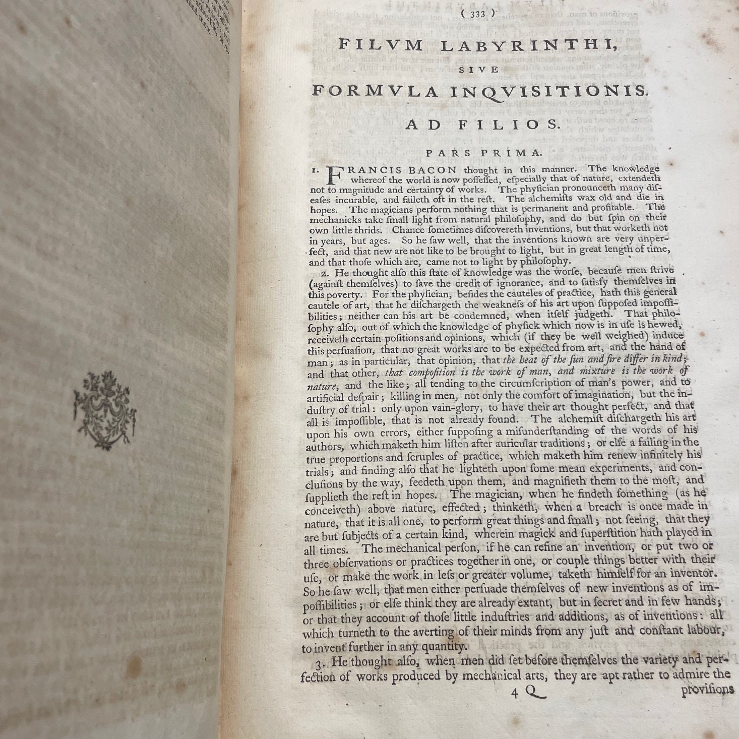 The Works of Francis Bacon, Baron of Verulam, Viscount St. Alban, and Lord High Chancellor of England. In Three Volumes. To Which is Prefixed, a Life of The Author, by Mr. Mallet. Second Edition. (Vol. I only) — photograph 8.