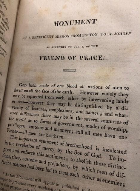 The Friend of Peace, 1-12. + Solemn Review of the Custom of War; showing that was is the effect of Popular Delusion and Proposing a Remedy, 5th edition Cambridge; Hilliard and Metcalf, 1816. + National Dangers, and Means of Escape. + Sixth Annual Report of the Massachusetts Peace Society. — photograph 6.