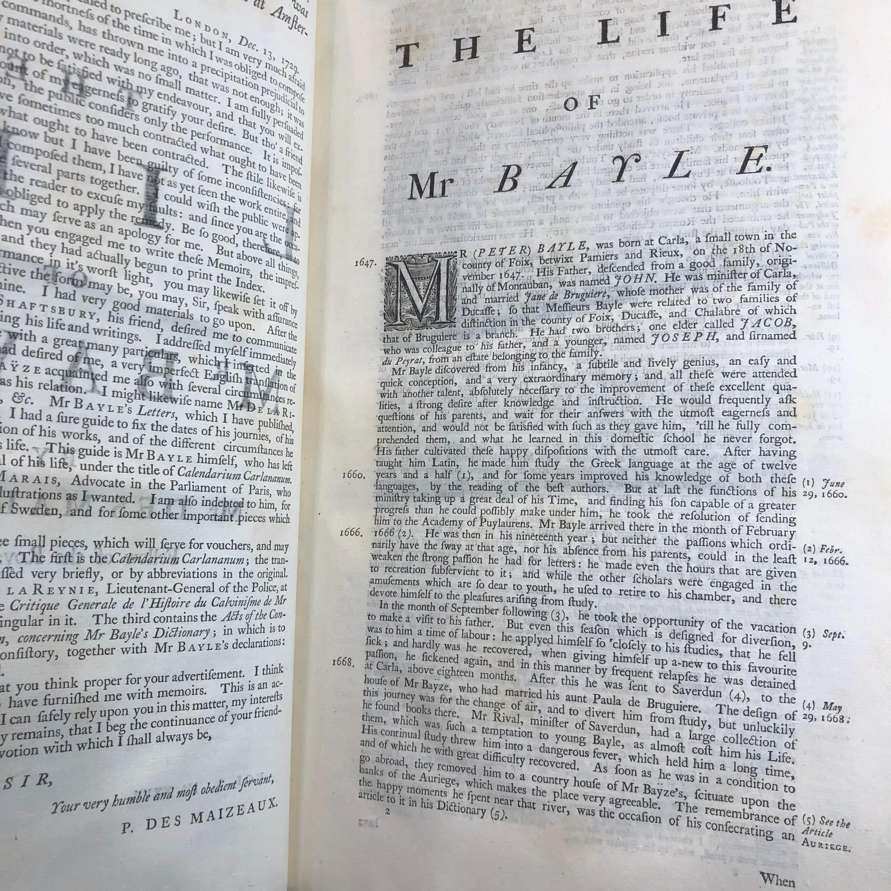 The Dictionary, Historical and Critical of Mr. Peter Bayle. The Second Edition, Carefully Collated, With the Several Editions of the Original; in Which Many Passages are Restored, and the Whole Greatly Augmented, Particularly with a Translation of the Quotations from eminent Writers in Various Languages. To which is Prefixed the Life of the Author, Revised, Corrected and Enlarged, by Mr. Des Maizeaux, Fellow of the Royal Society — photograph 3.