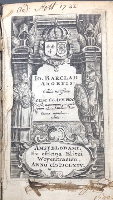 2 books bound as one. Argenis (Latin: Silver) and Euphormionis Lusinini, sive Ioannis Barclaii Satyricon, partes quinque cum clavi. Accessit Conspiratio Anglicana. (Latin: Euphormion Lusinini, or John Barclaius Satyricon, five parts with harpsichord. The English Conspiracy came.) — photograph 2.