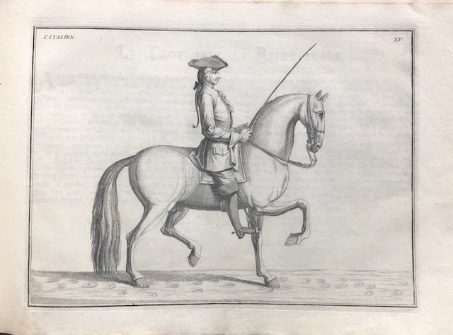 Description du Manége Moderne. Dans sa Perfection, Expliqué par des leçons necessaires, et representé par des figures exactes, depuis l'assiette de l'homme à cheval, jusqu'à l'arrest accompagné aussi de divers mords pour bien brider les chevaux, ecrit et dessiné par le baron D'Eisenberg, et gravé par B. Picart. TRANSLATION: "Description of Modern Horsemanship. In its Perfection, Explained through necessary lessons, and depicted by accurate figures, from the rider's position on horseback to the halt, also accompanied by various bits for properly bridling horses, written and illustrated by Baron D'Eisenberg, and engraved by B. Picart." — photograph 8.