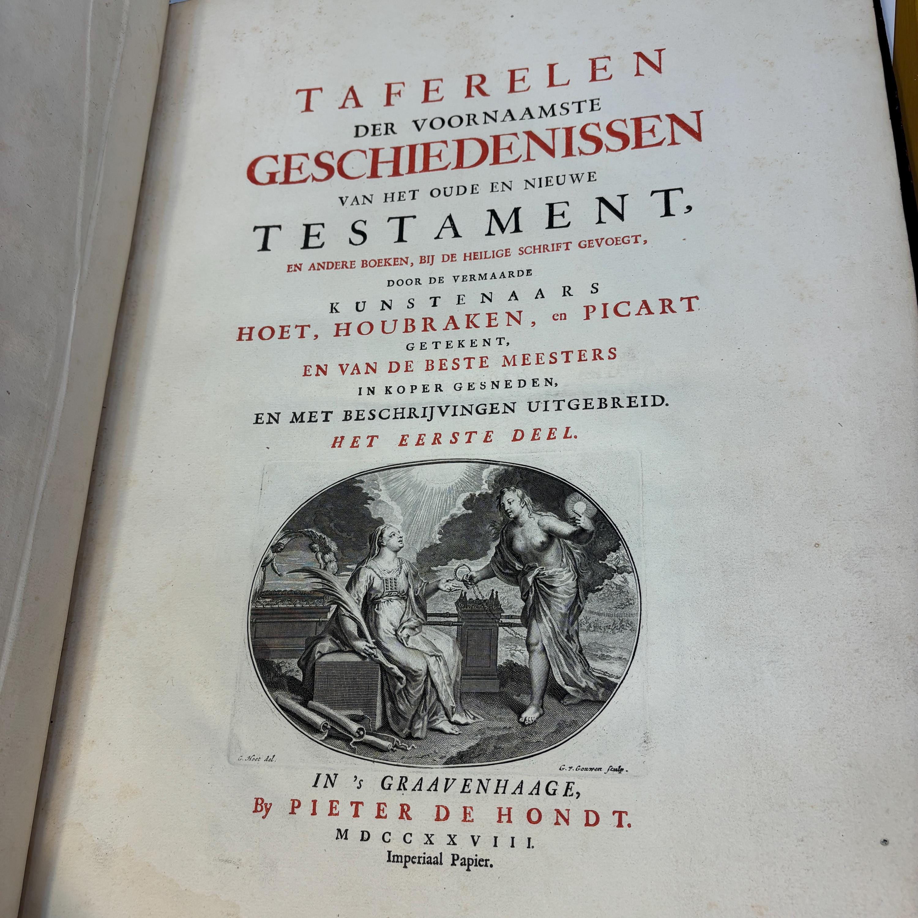 Taferelen Der Voornaamste Geschiedenissen Van Het Oude En Nieuwe Testament,En Andere Boeken, Bij De Heilige Schrift Gevoegt, Door De Vermaarde Kunstenaars Hoet, Houbraken, en Picart Getekent, En Van De Beste Meesters In Koper Gesneden, En Met Beschrijvingen Uitgebreid. Het Eerste Deel. Translated: Scenes Of The Principal Histories Of The Old And New Testament, And Other Books Added To Holy Scripture, Drawn By The Renowned Artists Hoet, Houbraken, and Picart, And Engraved On Copper By The Best Masters, And Expanded With Descriptions. Dutch Picture Bible, 3 vols. — photograph 2.