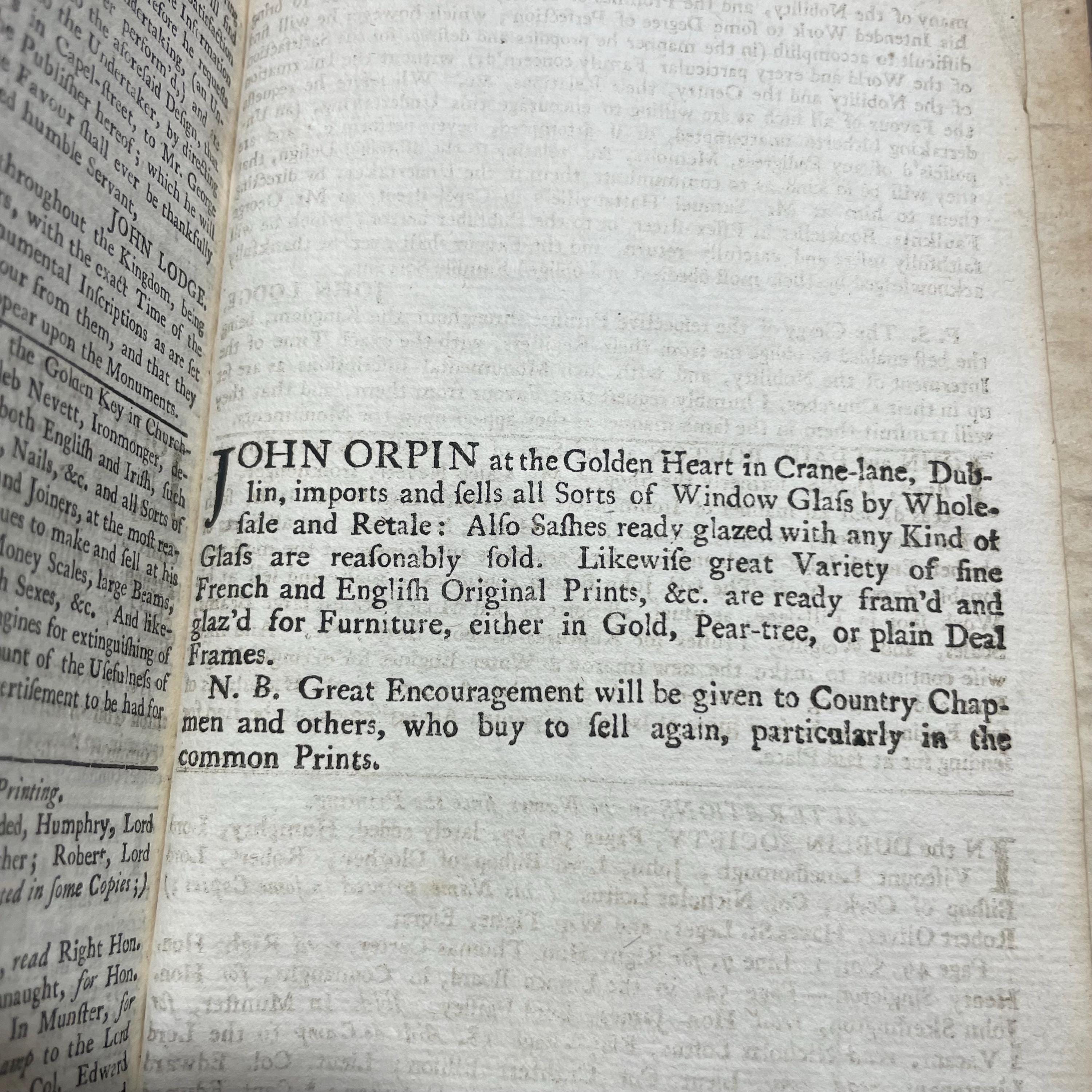 The Gentleman and Citizen's Almanack (By John Watson, Bookseller) For the Year of Our Lord, 1742. Being the Second after Leap-Year. And the Fifteenth Year of King Geo.II. Reign, till 11 june. Containing, The day of The Year and Month; The Week-Days nm=amed at Large; The Sun's Rising and Setting; The Moon's Age and Changes; The New Stile; A Table of Equation; The Time of Hig Water at Dublin-bar; the Times of Having the Lamps Light up in the City of Dublin; and The length of Twilight. Together with a new Sleaing Table, and Several other Tables, Renewed, Improved, or Continued. Likewaise, the Marriages and Deaths of The Princes of Europe. Also, the names of the Lord Lieutenantm Privy Council, The Lords and Commons of Parliment, (Printed by Authority,) The Judges, The Dublin Society, and several other Persons in Places of High Truct and Office in tis Kingdom, both Civil and Military: With the Prraemiums of The Dublin Society. To which are added, The Roads and Fairs of ireland. And a Table of Noted Places, referring to their several Post-Towns, considerably enlarged and made easier. The Whole Corrected at the Proper Offices, and more particularly referr'd to in the Contents. N.B. The Names of the Several Officers of the Four Courts are Printed here by the Leave of The Lord Chancellor and Judges. — photograph 10.