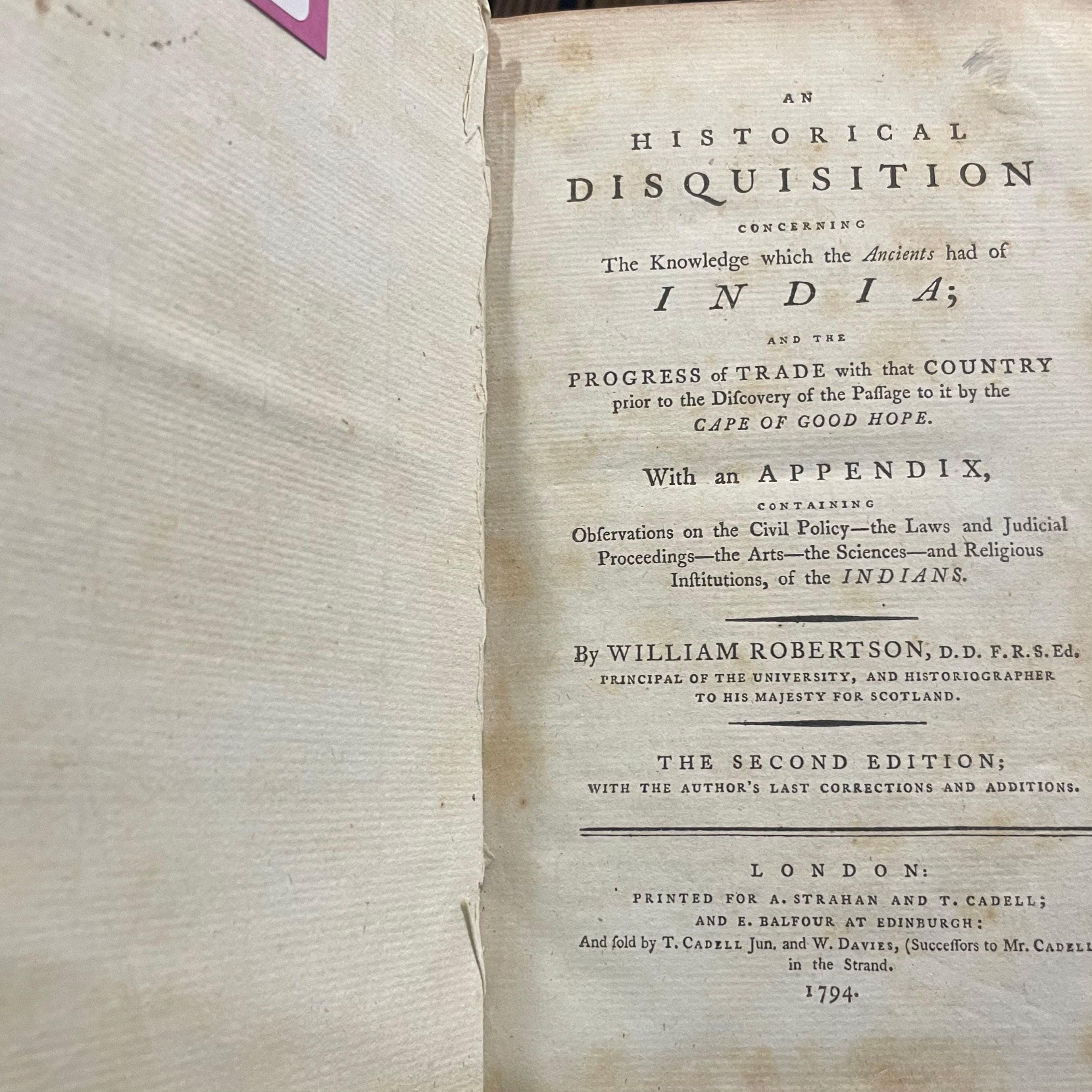 Historical disquisition concerning the knowledge which the ancients had of India, and the progress of trade with that country prior to the discovery of the passage to it by the Cape of Good Hope : with an appendix, containing observations on the civil policy, the laws and judicial proceedings, the arts, the sciences, and Theology institutions of the Indians — photograph 5.
