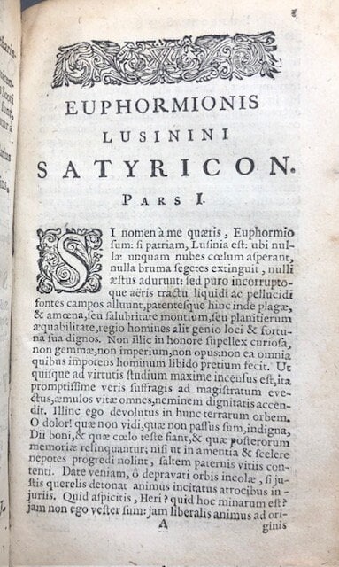 2 books bound as one. Argenis (Latin: Silver) and Euphormionis Lusinini, sive Ioannis Barclaii Satyricon, partes quinque cum clavi. Accessit Conspiratio Anglicana. (Latin: Euphormion Lusinini, or John Barclaius Satyricon, five parts with harpsichord. The English Conspiracy came.) — photograph 3.