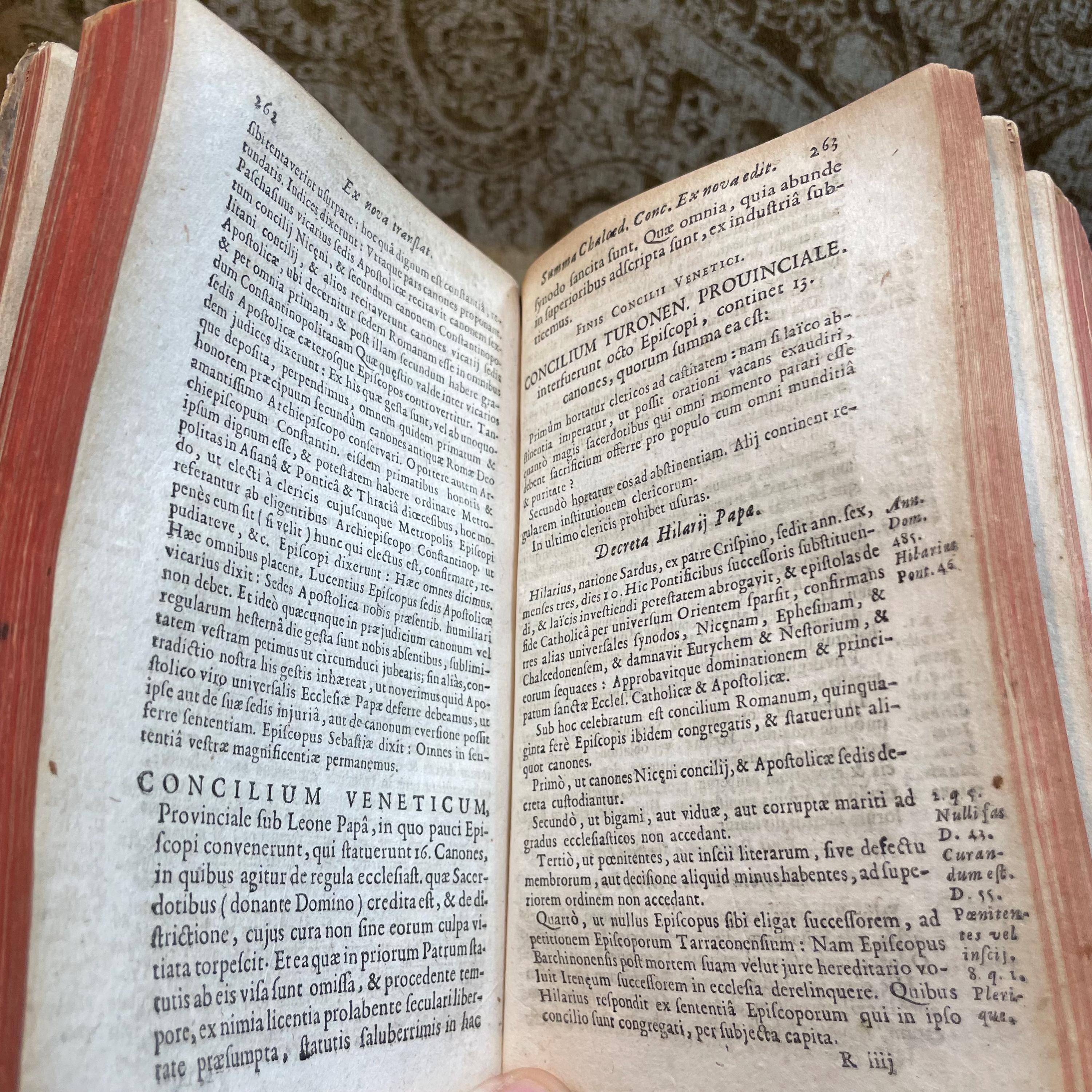 SUMMA OMNIUM CONCILIORUM ET PONTIFICUM, collecta per F. Barth. Carranzam Miranden. Ordinis Praedicatorum. Accesserunt Statuta quaedam Synodalia Parisiensis & Senonensis Ecclesiae. Appendix Conciliorum Galliæ collectionis P. Sirmondi, & Societate Nominis Jesu Presbyteri. Et Annotationes quam-plurimae Francisci Sylvii sacrae Theologiae Doctoris ejusdemque in Universitate Duacena Regii Professoris, pro commoda locorum difficiliorum intelligentia. Additae sunt etiam nonnullae Annotationes in hac nova Editione, quarum maximam partem habes in Prolegomenis. Translated: Summary Of All Councils And Pontiffs, compiled by F. Barth. Carranza of Miranda, of the Order of Preachers. Certain statutes have been added from the Synods of the Churches of Paris and Sens. An Appendix of French Councils from the collection of P. Sirmond, a Priest of the Society of Jesus. And numerous annotations by Francis Sylvius, Doctor of Sacred Theology and Royal Professor at the University of Douai, for the convenience of understanding difficult passages. Also included are several annotations in this new edition, most of which can be found in the Prolegomena. — photograph 9.