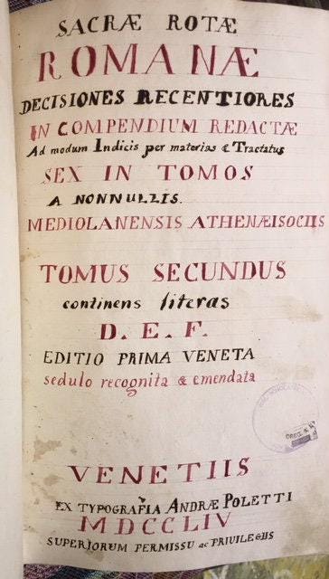 Sacrae Rotae Romanae decisiones recentiores in compendium redactae ad modum indicis per materias et tractatus sex in tomos a nonnullis Mediolanensis Athenaei sociis distcompartmentutae. TRANSLATION: "The recent decisions of the Sacred Roman Rota compiled into a compendium in the form of an index by subjects and six treatises, compartmentalized into volumes by some members of the Athenaeum in Milan." — photograph 4.