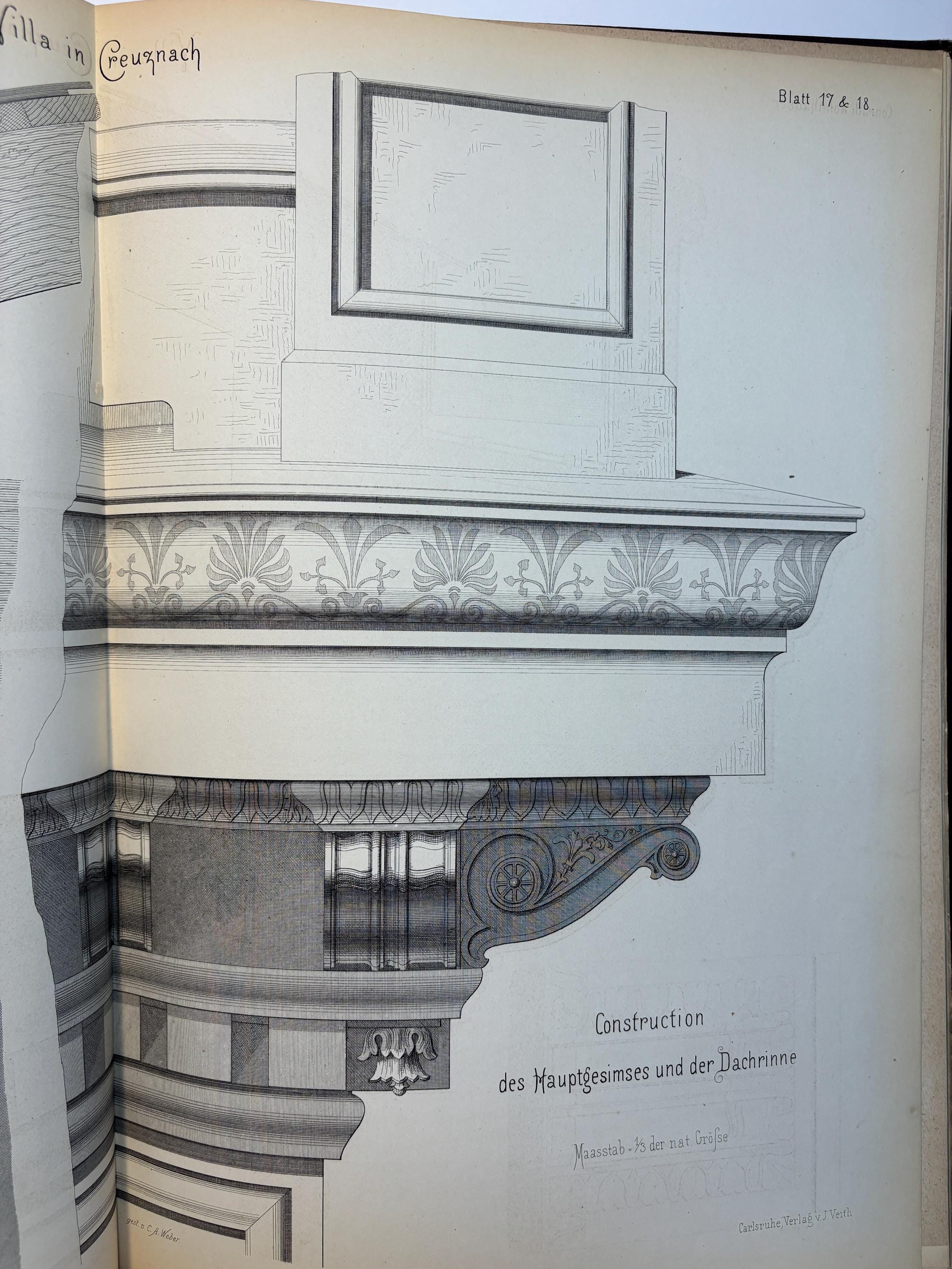 Auswahl von Entwürfen ausgeführter Wohnhäuser & Villen, Façaden, Grundrisse, Schnitte etc. mit Details, zum Theil in natürlicher Grösse herausgegeben von C. Conradi, königl. Baurath in Creuznach. In 6 Lieferungen à 6 Blatt, je ein Gebäude mit den dazu gehörigen Details enthaltend. Translated: Selection of Designs of completed Residences & Villas, facades, floor plans, sections, etc. with details, partly in actual size edited by C. Conradi, Royal Building Inspector in Kreuznach. In 6 installments of 6 plates each, each containing a building with its associated details. — photograph 10.